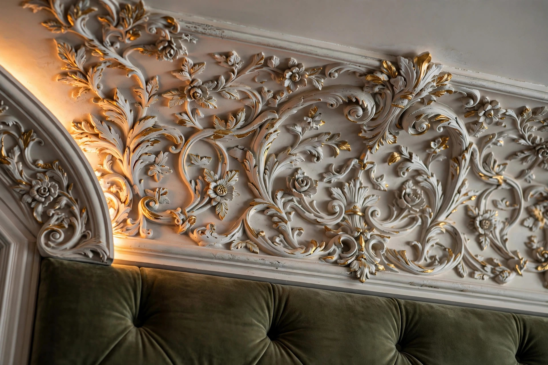 Carved white plaster ceiling border with floral patterns and gold leaf accents