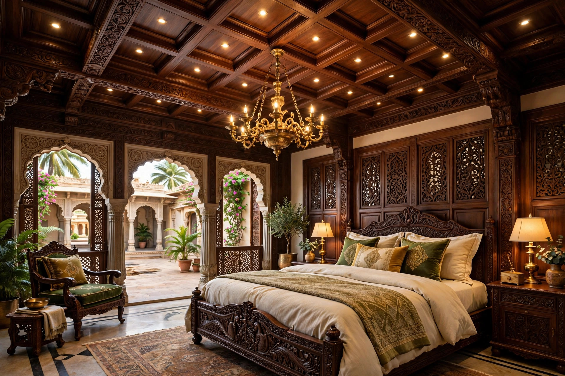 Royal bedroom with a dark wood coffered ceiling, carved beams and a brass chandelier