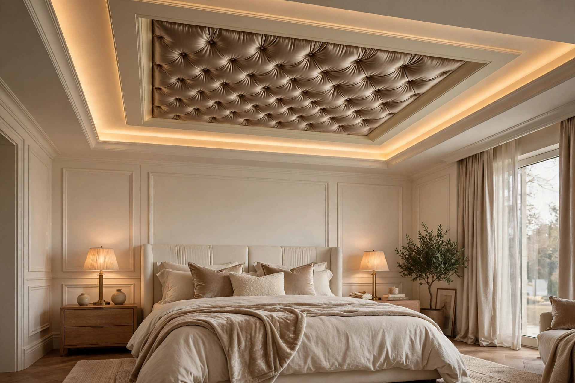 Tray ceiling with a central tufted champagne silk inset panel surrounded by a cream border with cove lighting