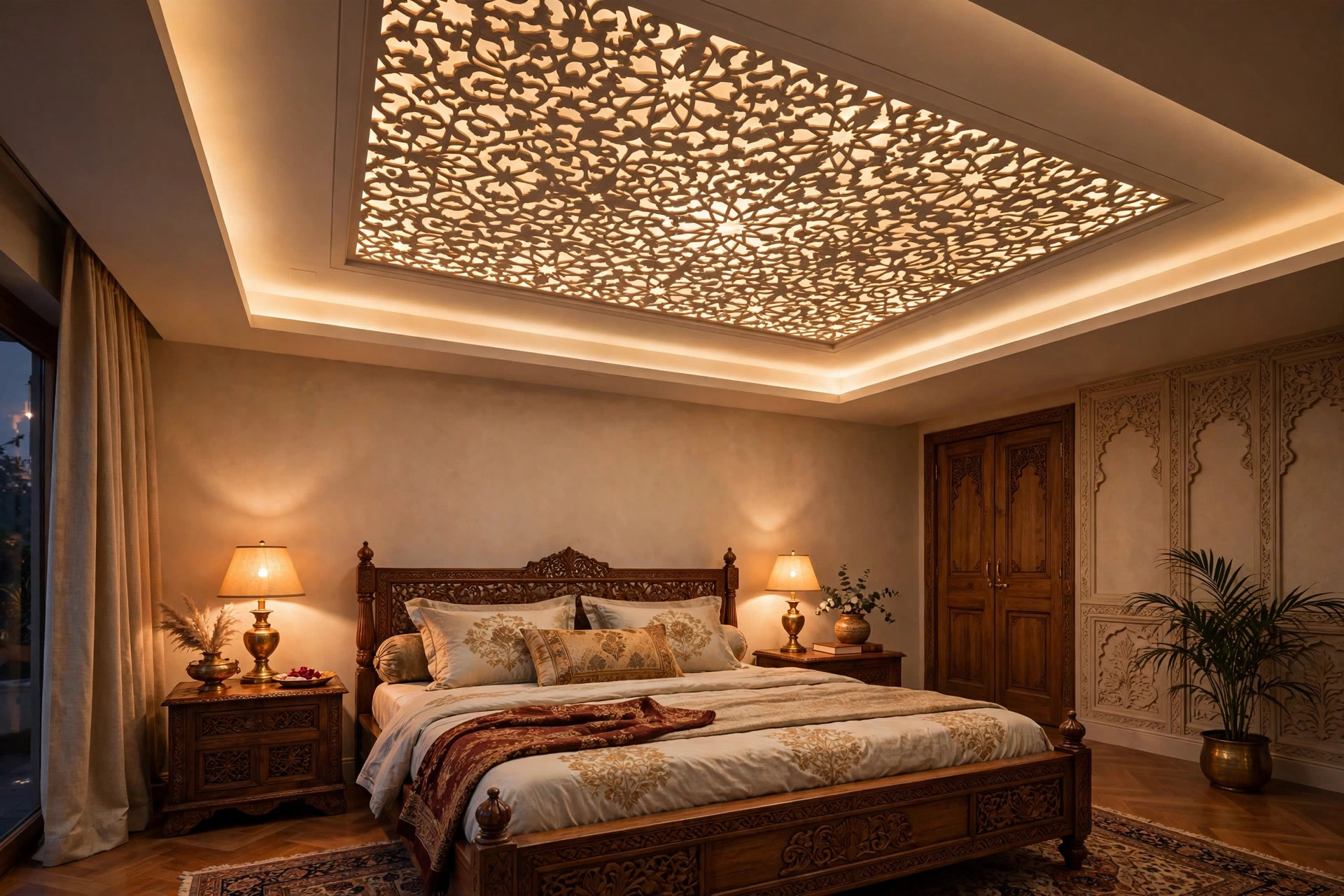Backlit CNC jali floral lattice panel glowing in a bedroom false ceiling