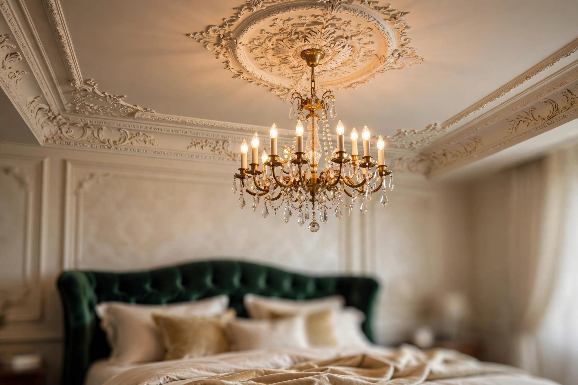 Brass and crystal chandelier hanging from an ornate plaster ceiling medallion in a royal bedroom
