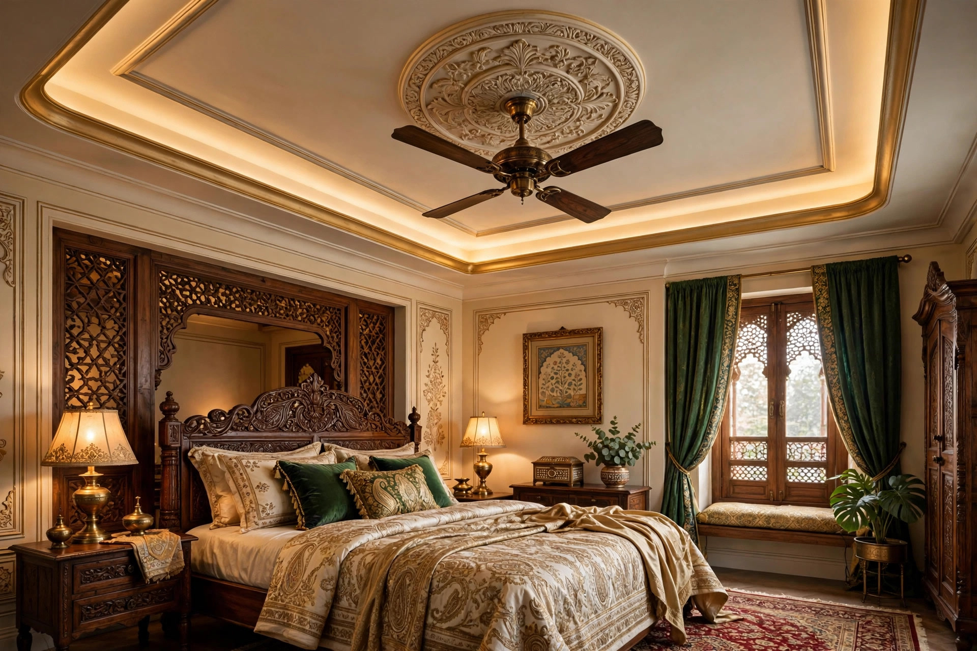Antique brass ceiling fan on a decorative medallion under a gold-trimmed tray ceiling with cove lighting