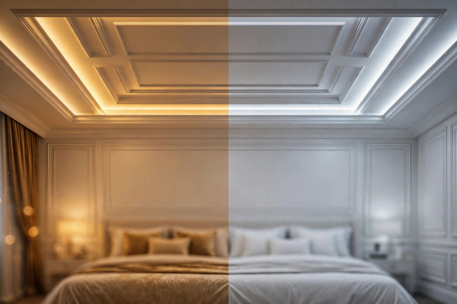 Side-by-side comparison of a tray ceiling lit warm golden on the left and cool white on the right