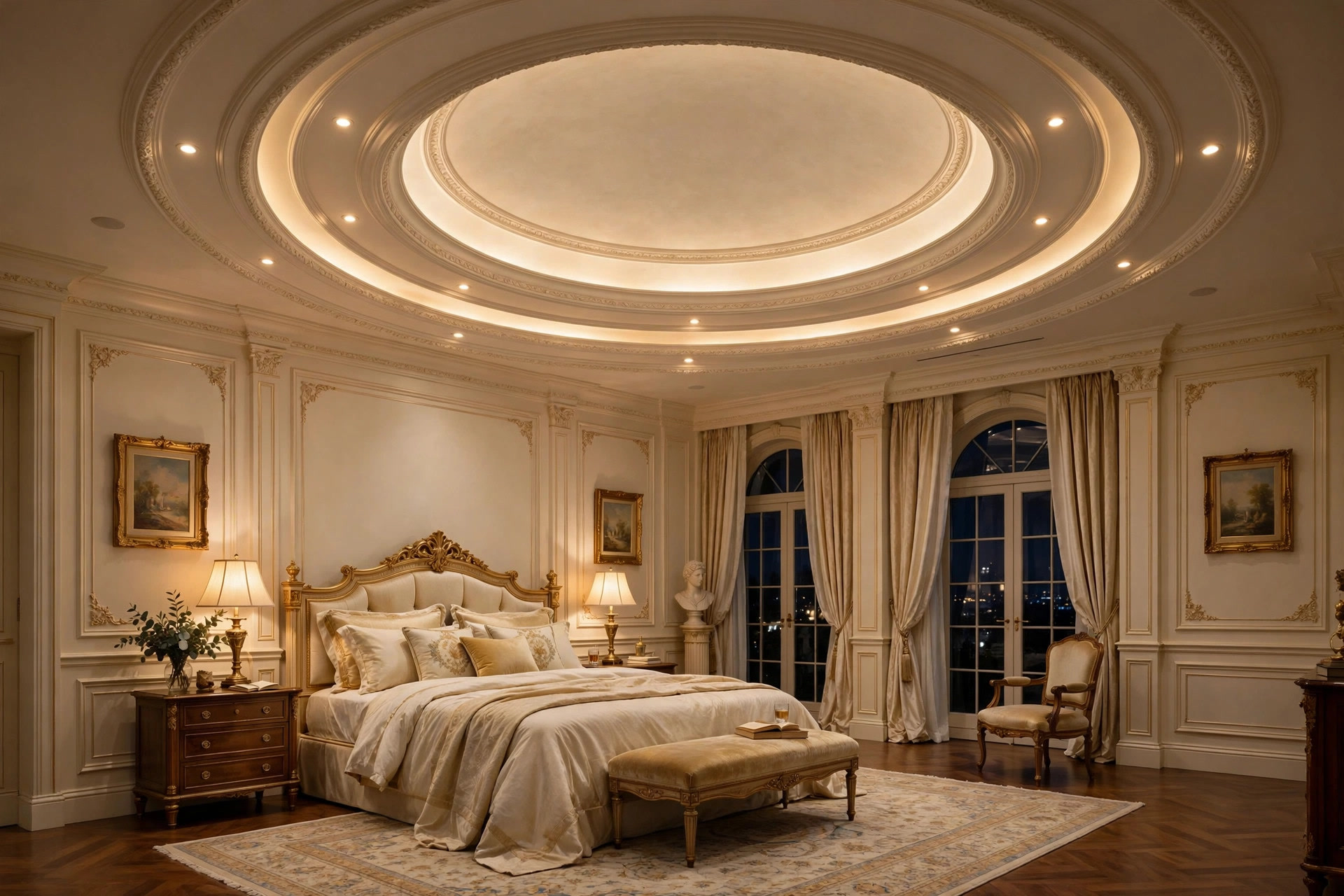 Bedroom with a shallow domed medallion false ceiling with concentric moldings and warm recessed lights