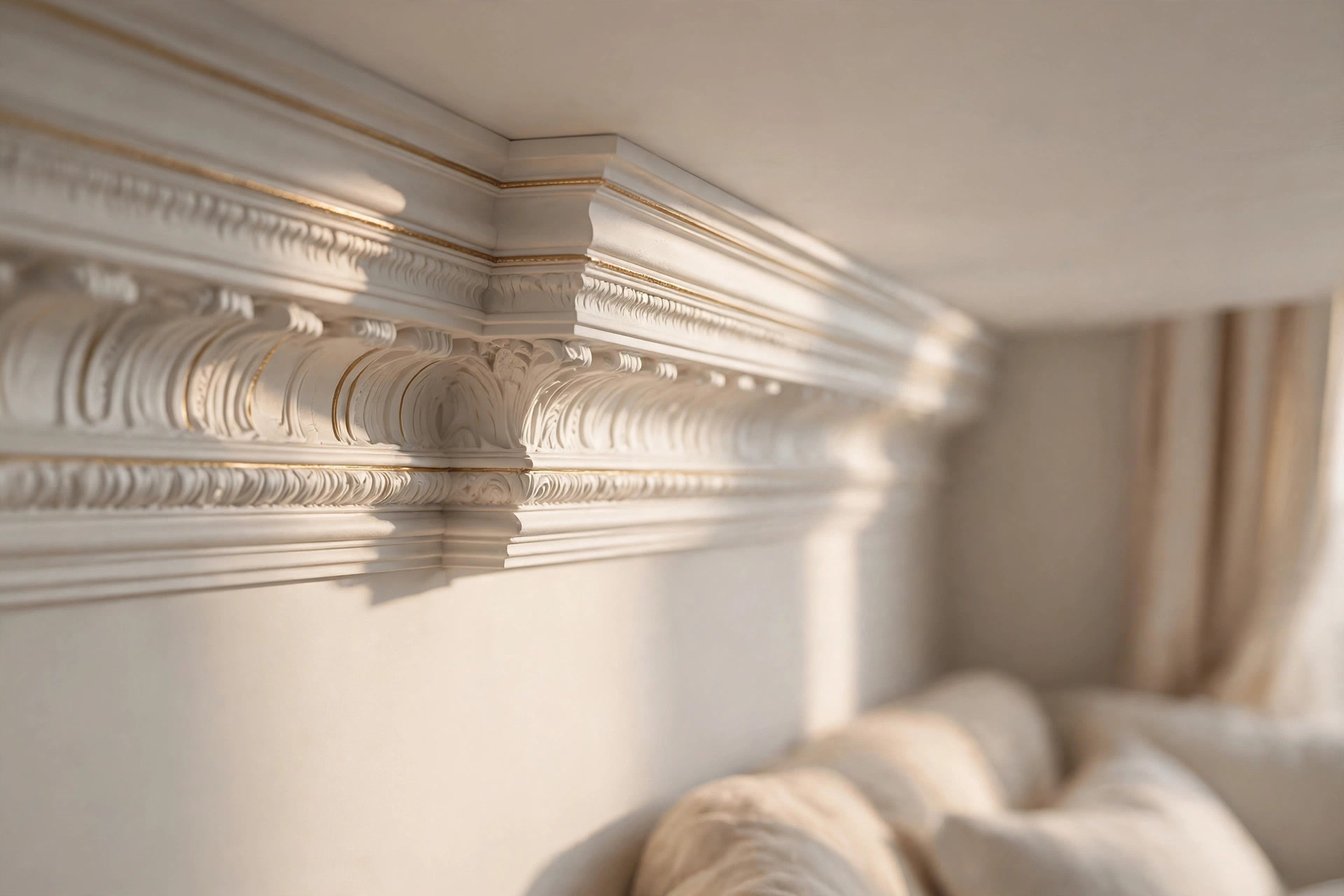 Close-up of a white crown molding cornice with layered plaster profiles and a gold pinstripe