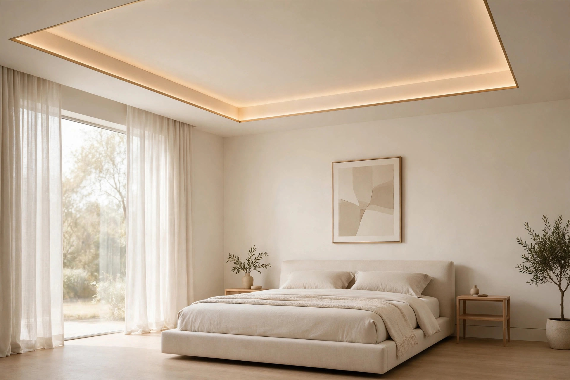 Minimal luxury bedroom with a simple ivory tray ceiling with a thin gold edge and soft cove light