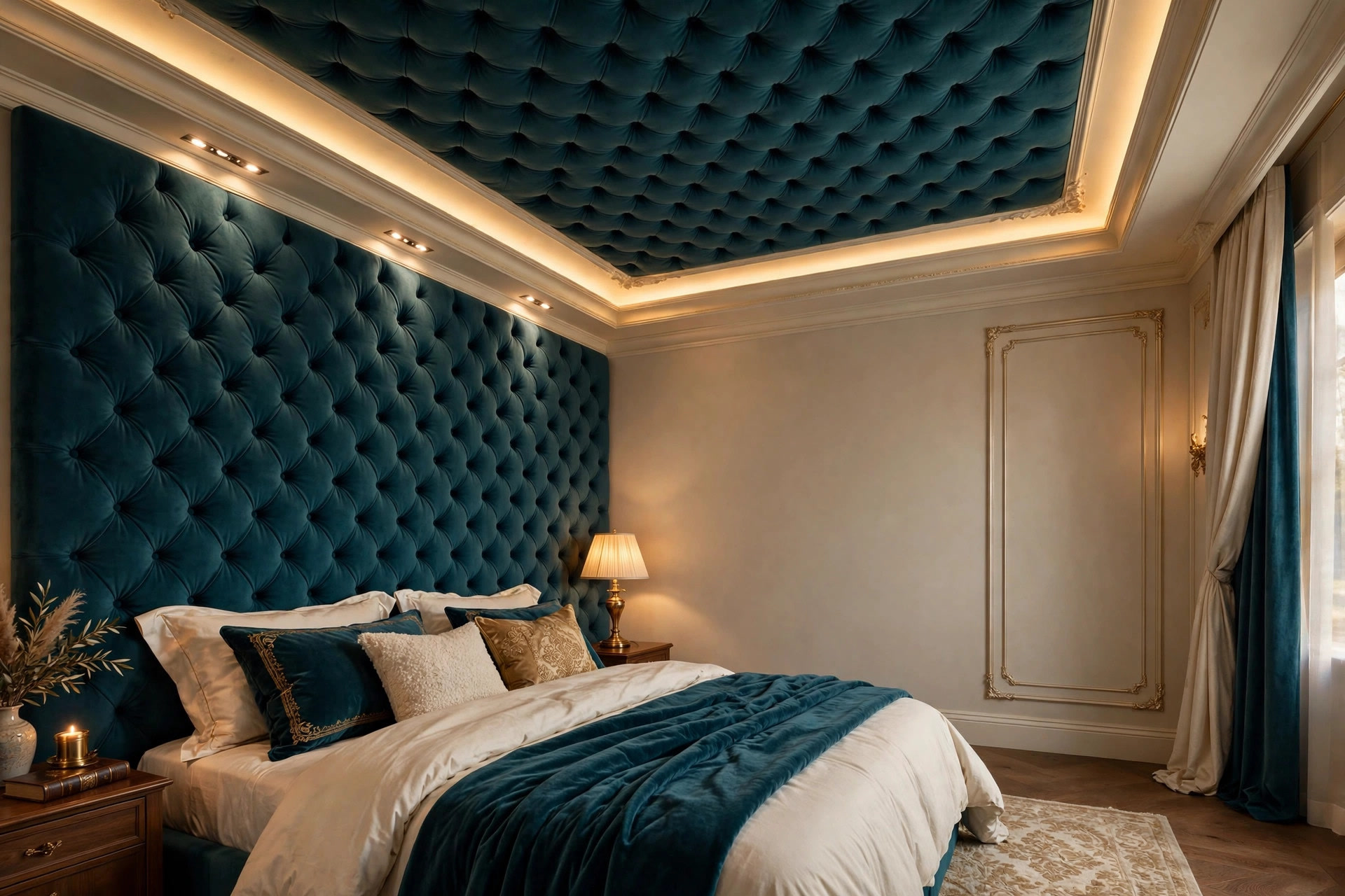 Teal tufted headboard wall extending into the ceiling as a fabric panel with a cove-lit border