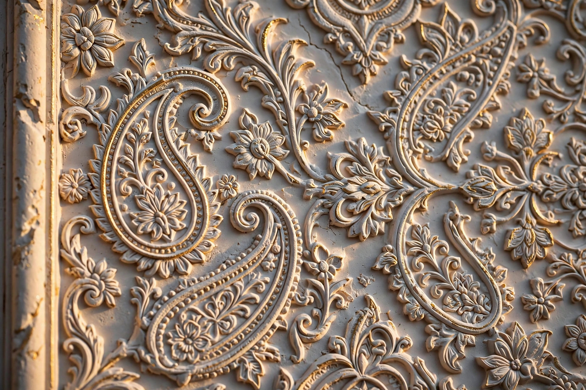 Close-up of a hand-carved white gypsum ceiling panel with paisley and floral relief and gold highlights