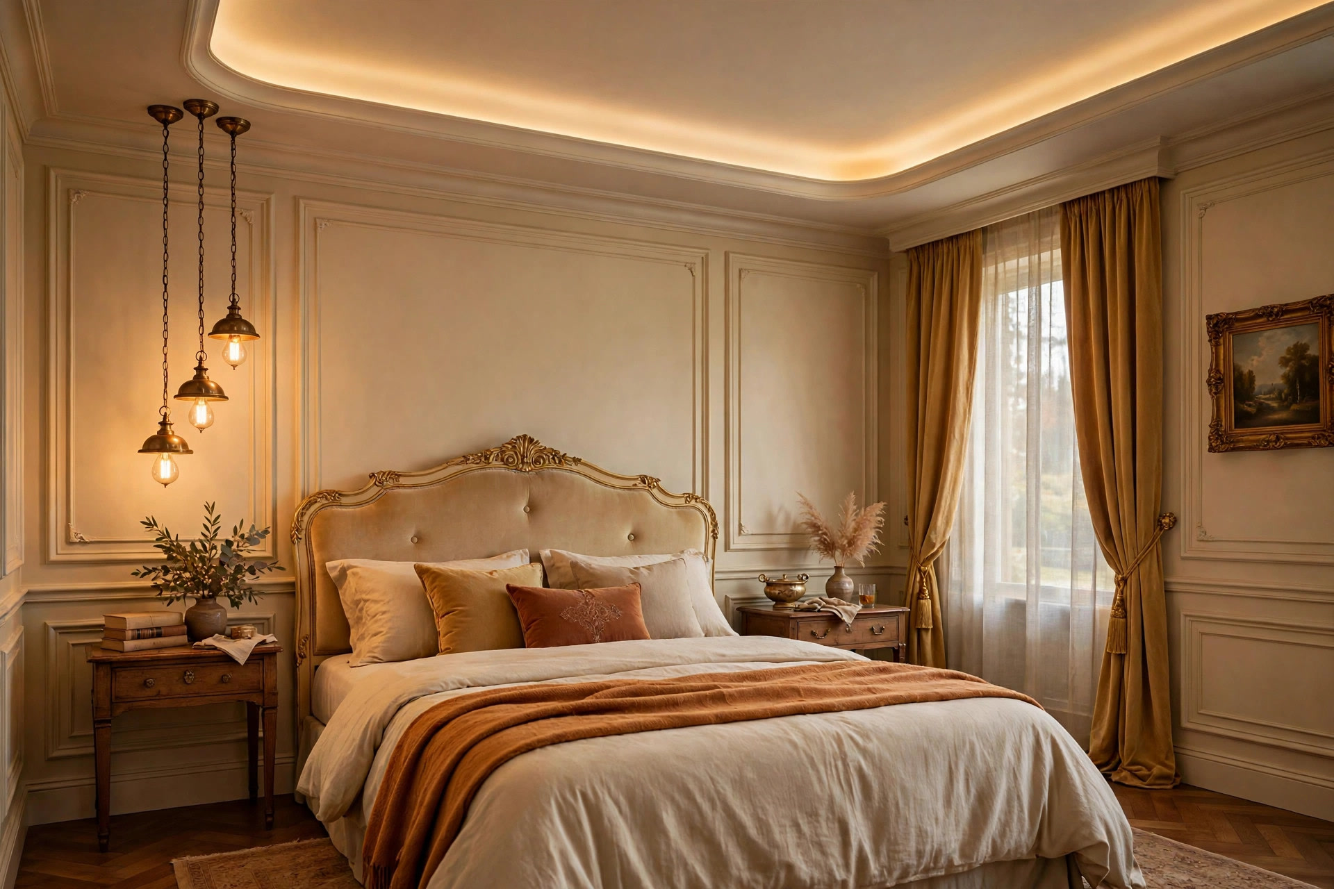Cluster of three antique brass pendant lights at staggered heights in a royal bedroom
