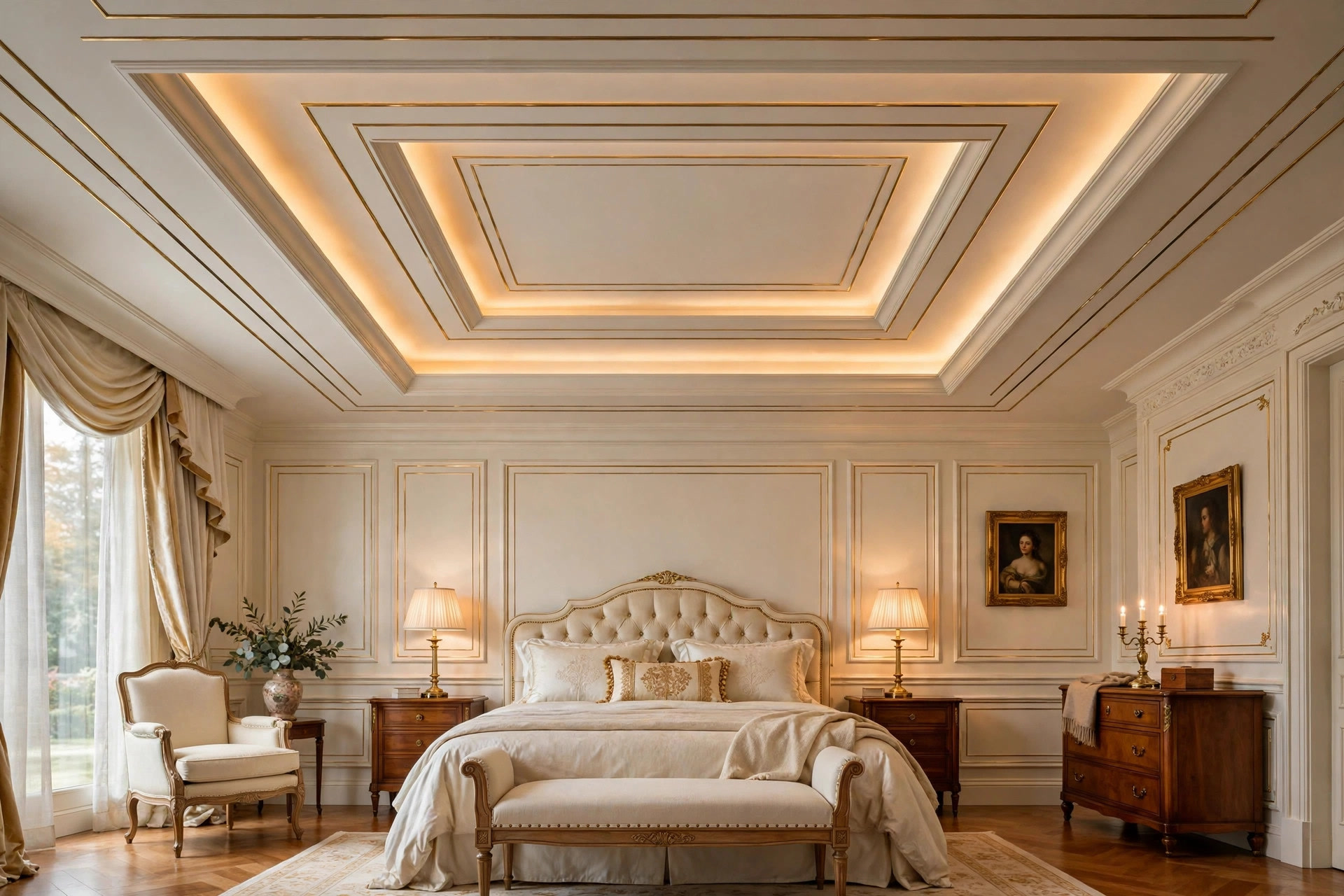 Concentric double rectangular tray ceiling with warm LED cove light and brass inlay strips
