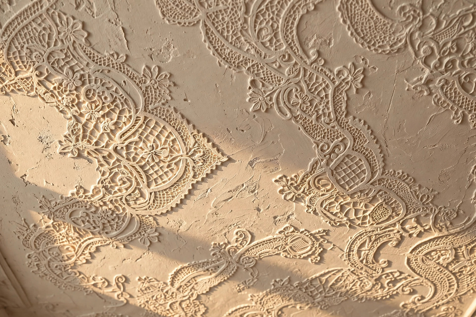 Close-up of a hand-textured lace-style plaster ceiling finish in warm ivory