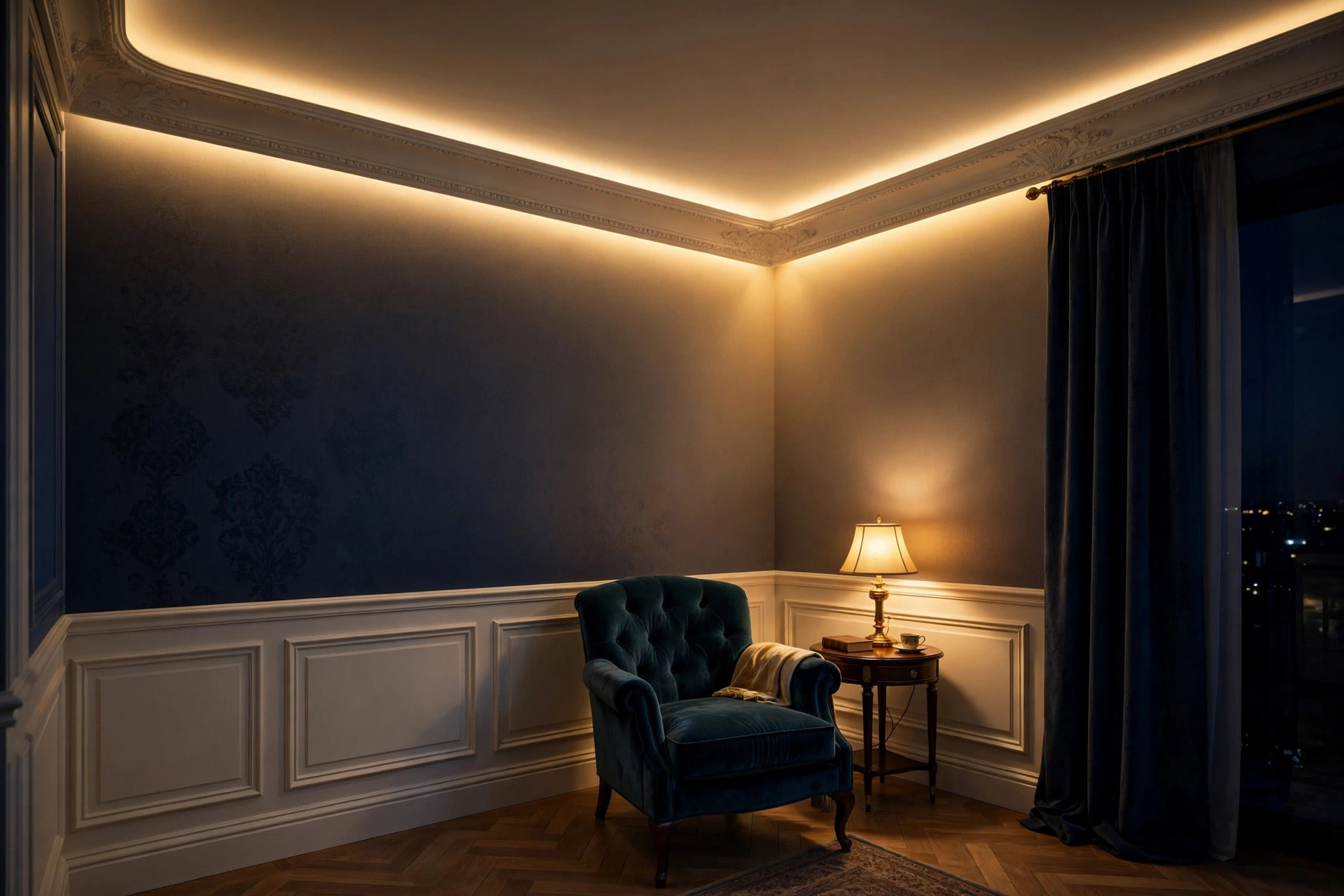 Bedroom corner at night with perimeter cove lighting washing warm light down the wall