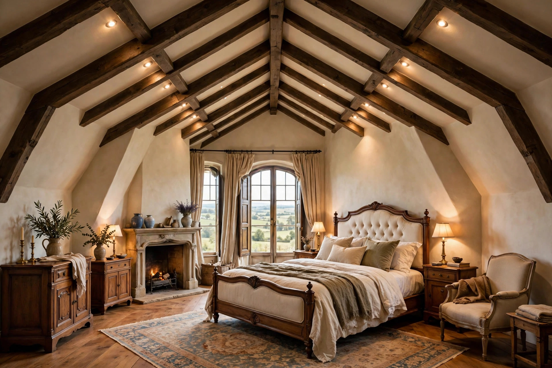 Vaulted bedroom ceiling with dark wooden beams and warm recessed spotlights