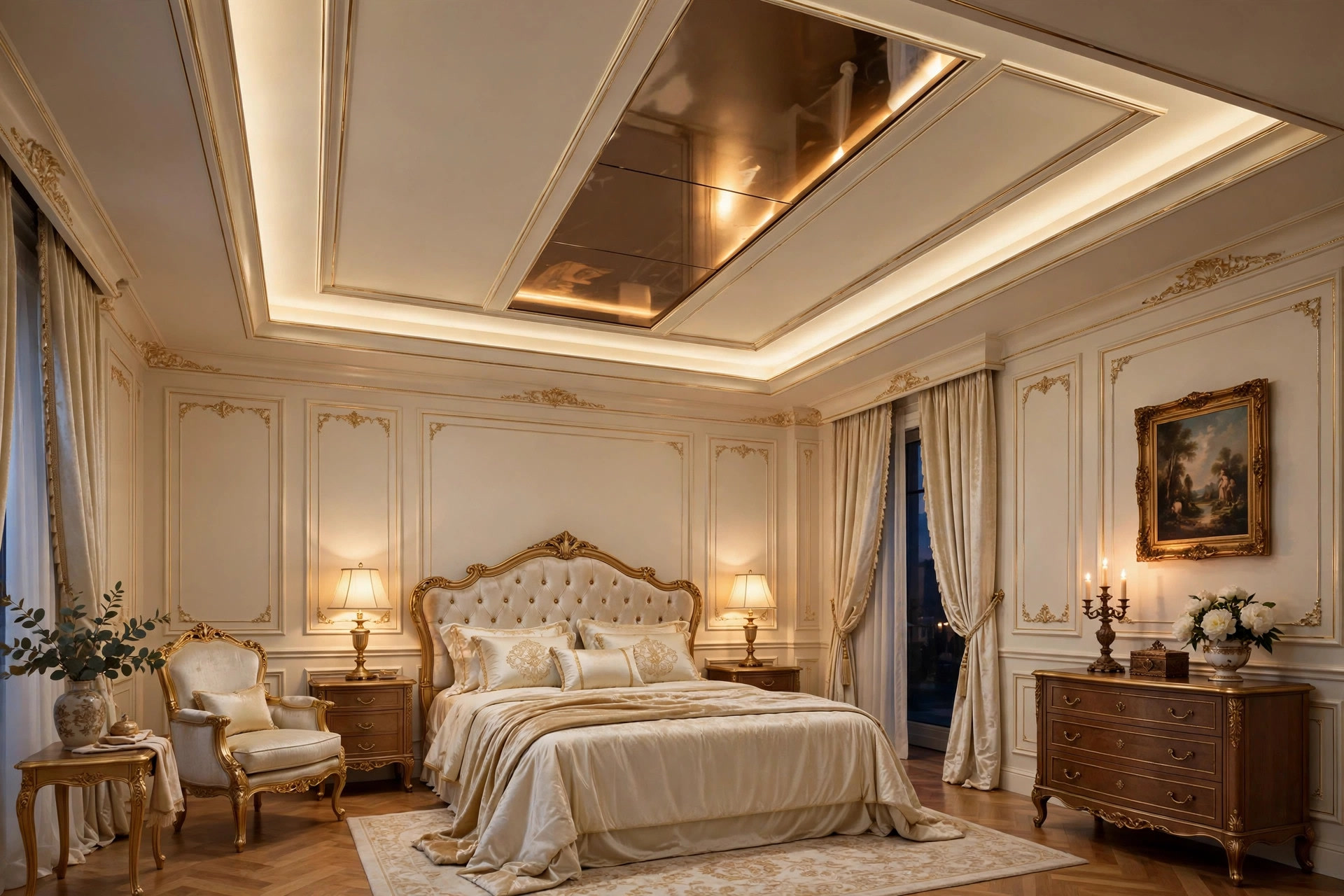 Tray ceiling with a bronze-tinted mirror panel inset reflecting warm light, framed by ivory gypsum and gold trim