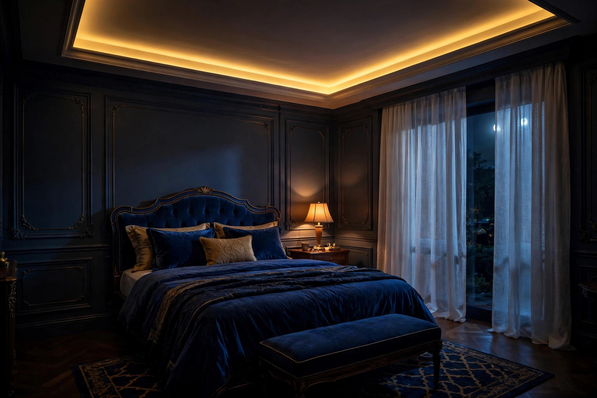 Master bedroom at night with the ceiling cove dimmed to a low warm glow and moonlight through sheer curtains