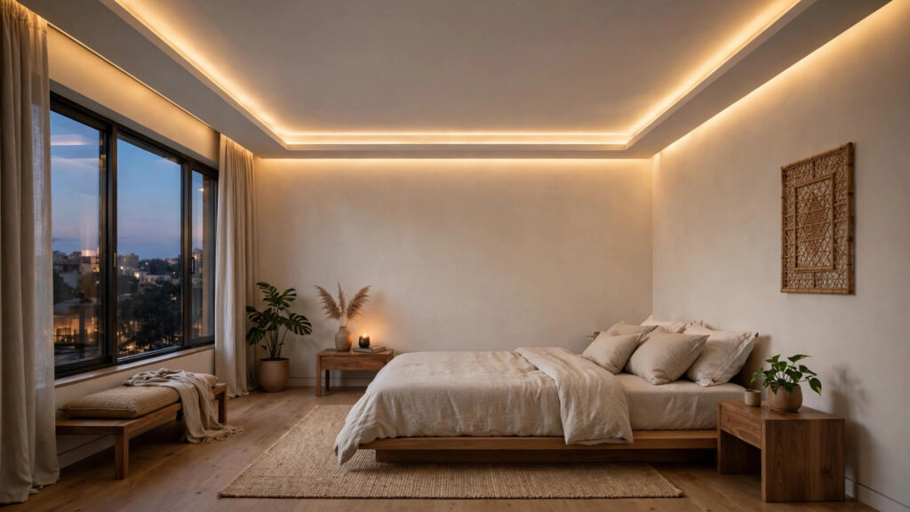 Modern bedroom with a slim border false ceiling and warm cove lighting above a low platform bed