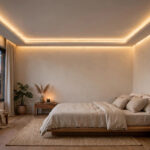 Modern bedroom with a slim border false ceiling and warm cove lighting above a low platform bed