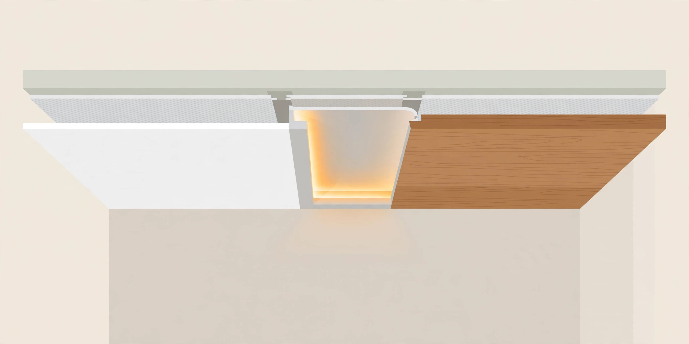 Diagram showing the parts of a modern bedroom ceiling: flat field, hidden LED strip, single accent panel