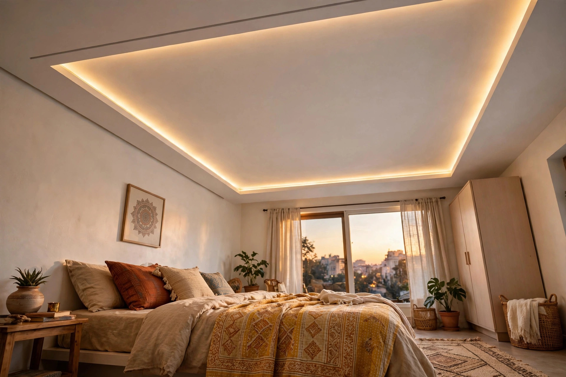 Modern bedroom with a slim perimeter border ceiling and hidden LED strip