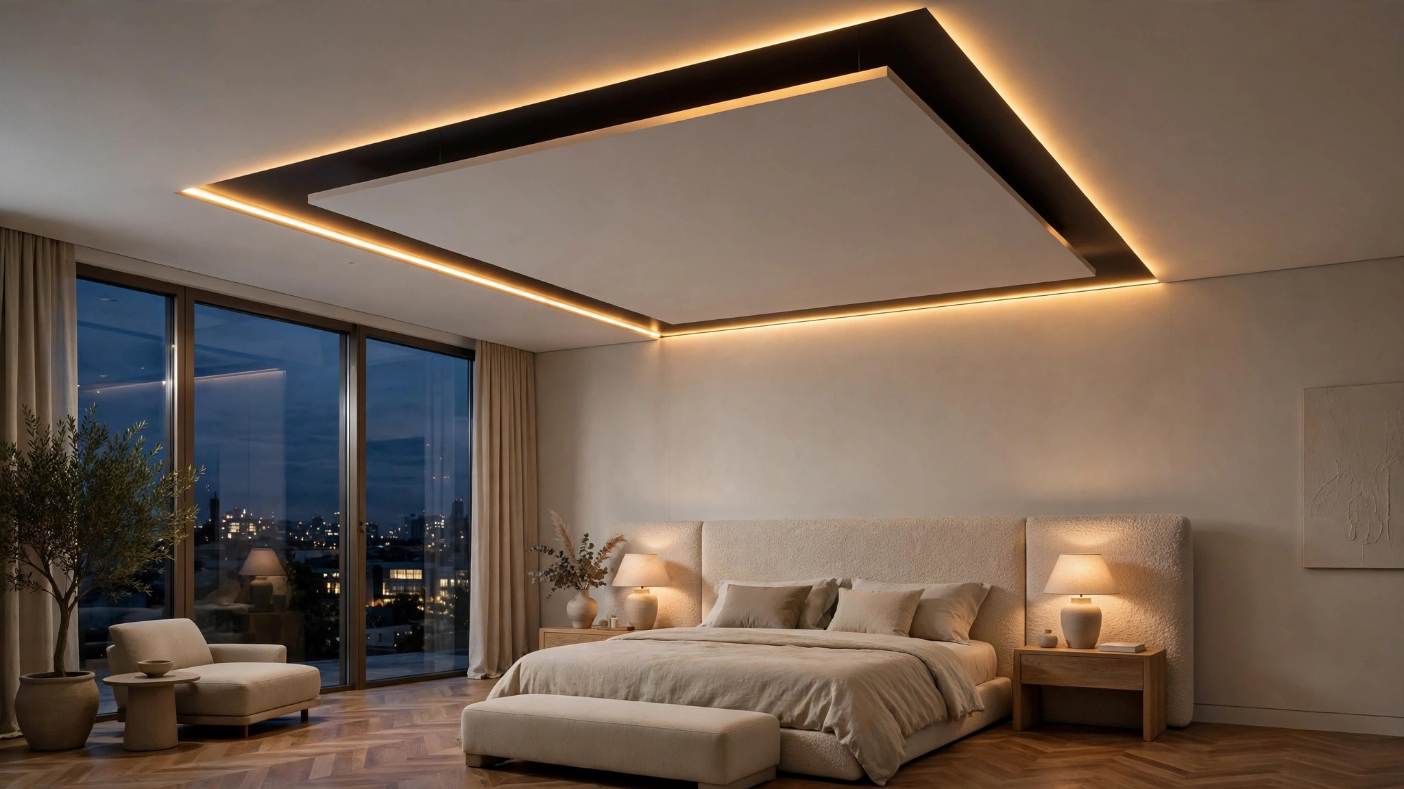 Master bedroom with a floating ceiling panel outlined by a warm LED glow