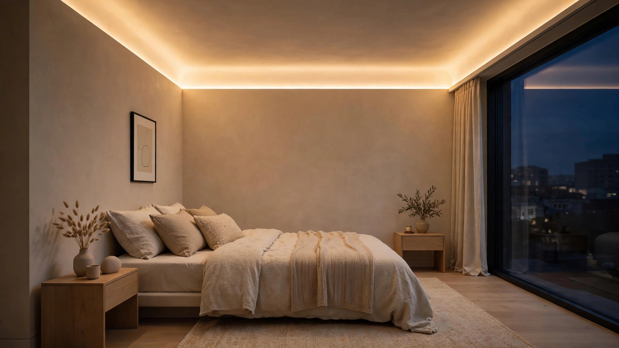 Modern bedroom with a soft cove lighting band glowing along the ceiling edge