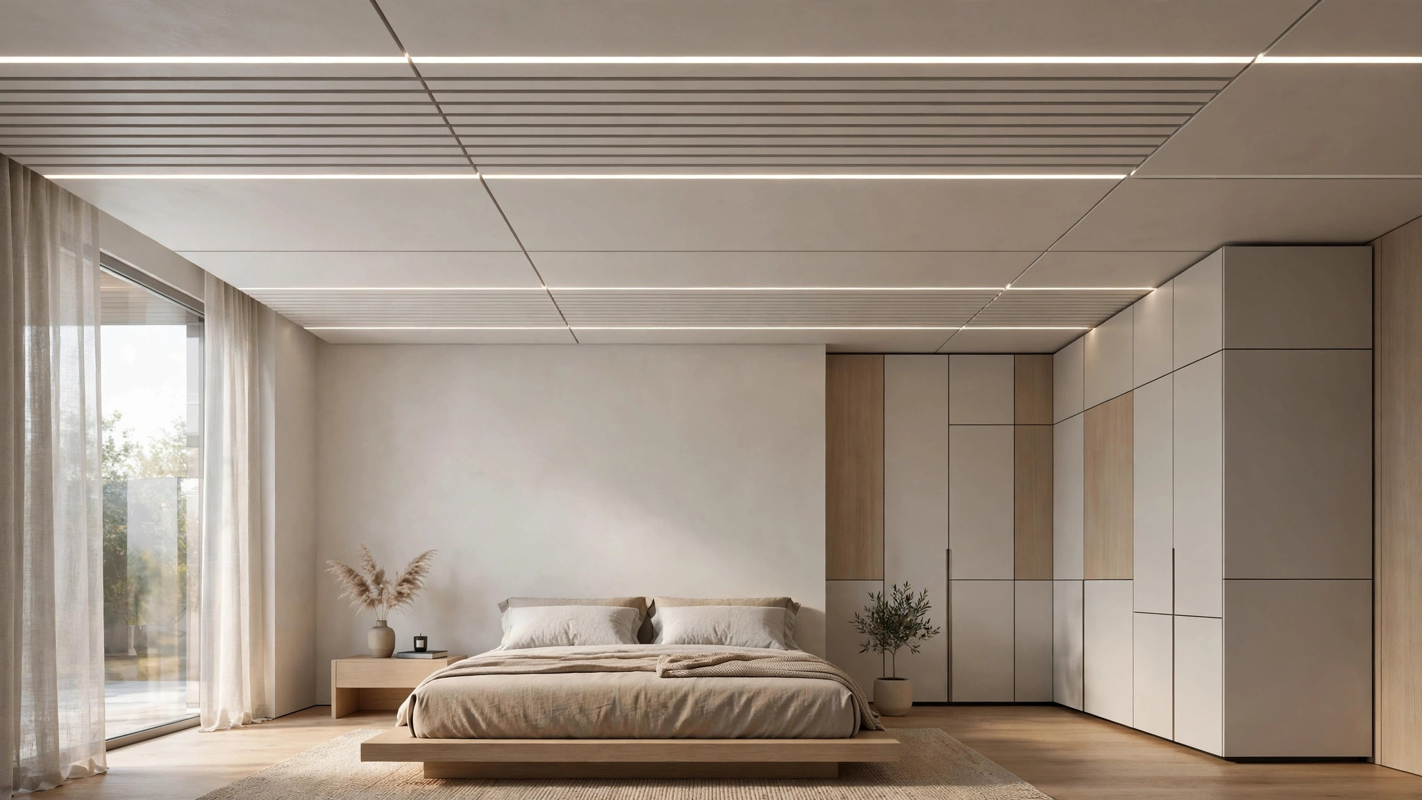 Modern bedroom ceiling with clean linear grooves and recessed lighting