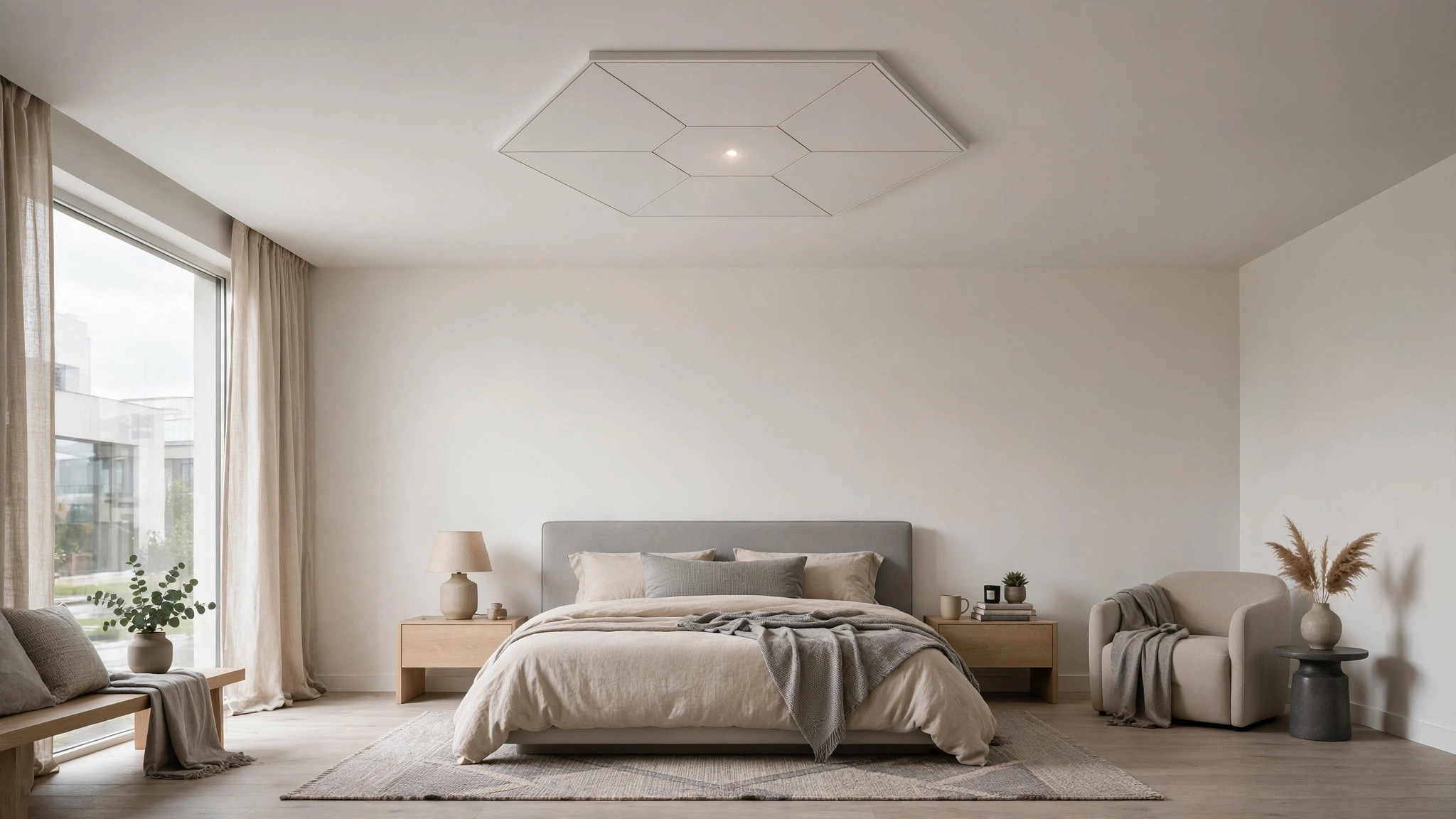 Modern bedroom with a flat geometric ceiling panel in neutral tones