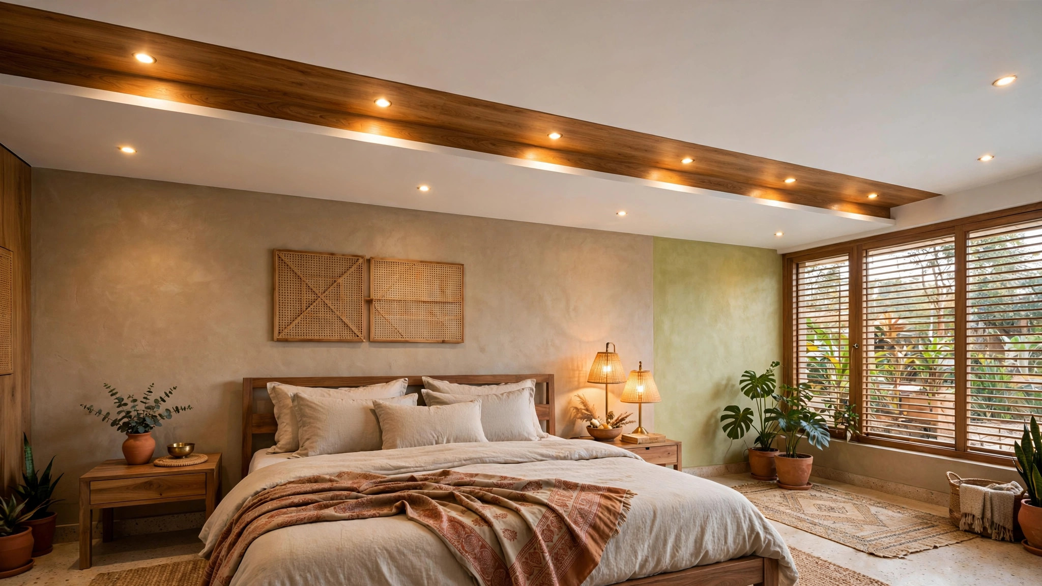 Modern bedroom ceiling with a wood-finish accent strip above the bed