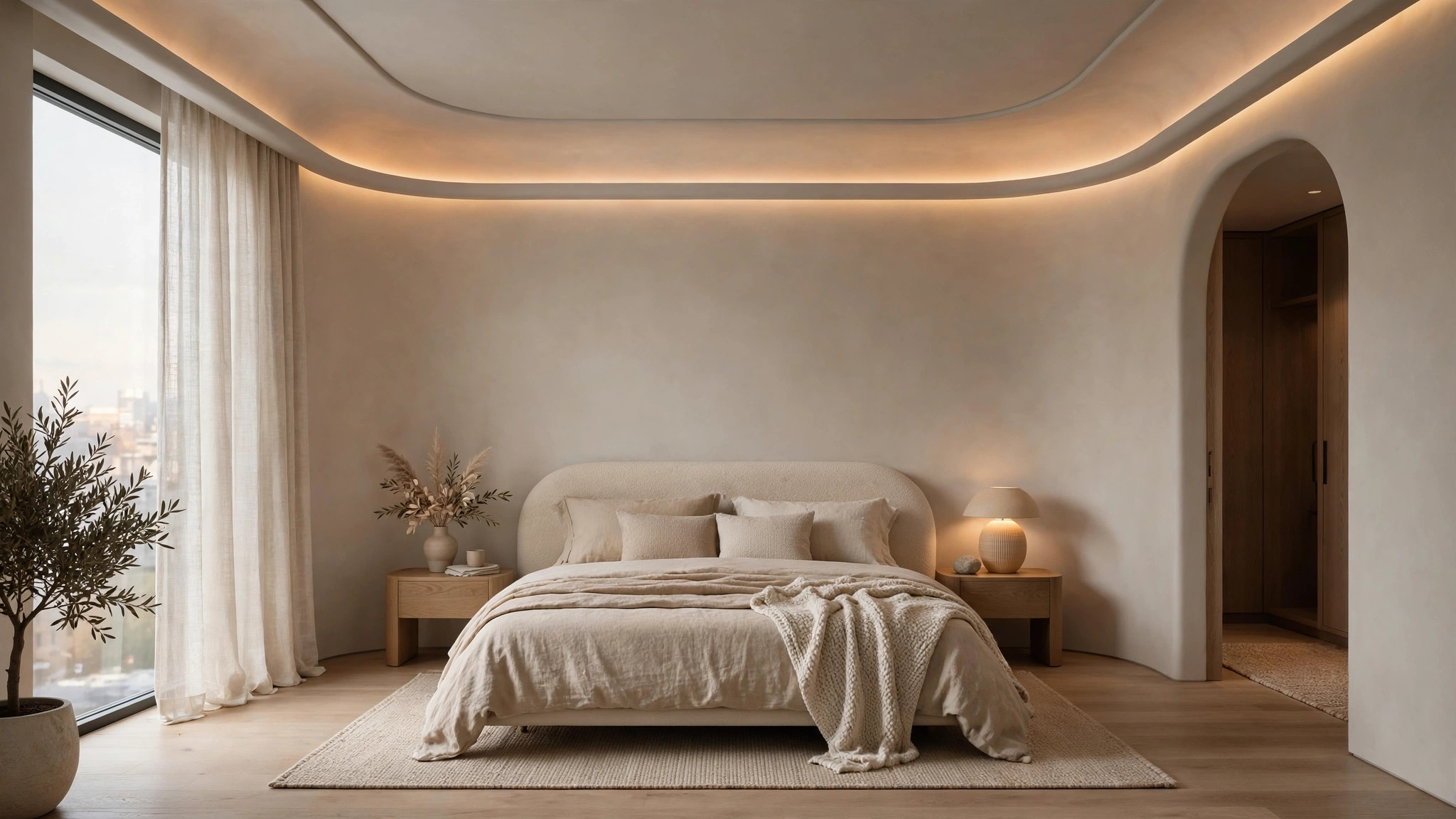Modern bedroom with softly curved cove detailing at the ceiling corners