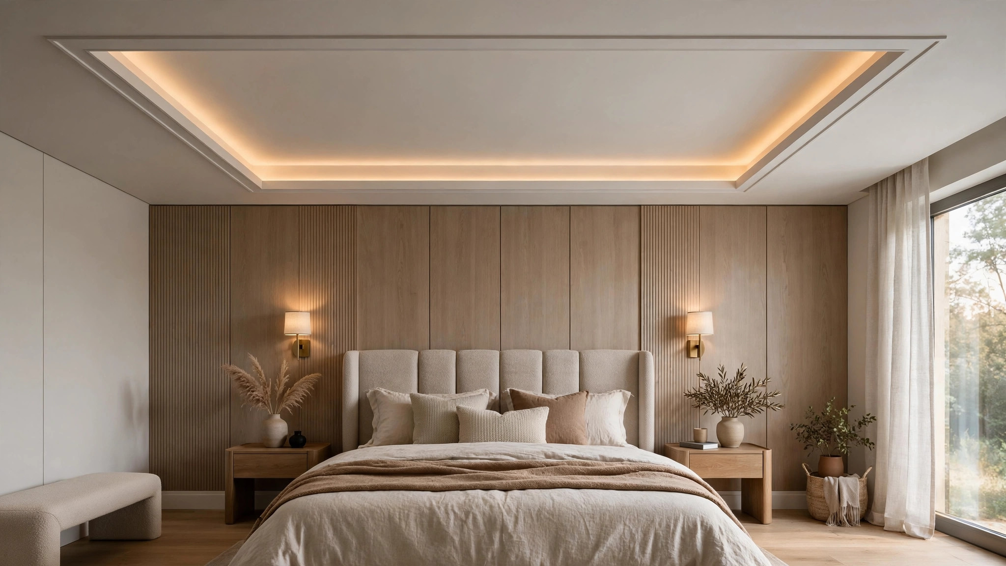 Modern bedroom with a framed ceiling panel above the headboard wall