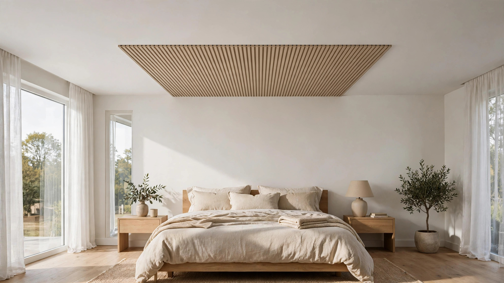 Modern bedroom with a fluted textured accent panel on the ceiling