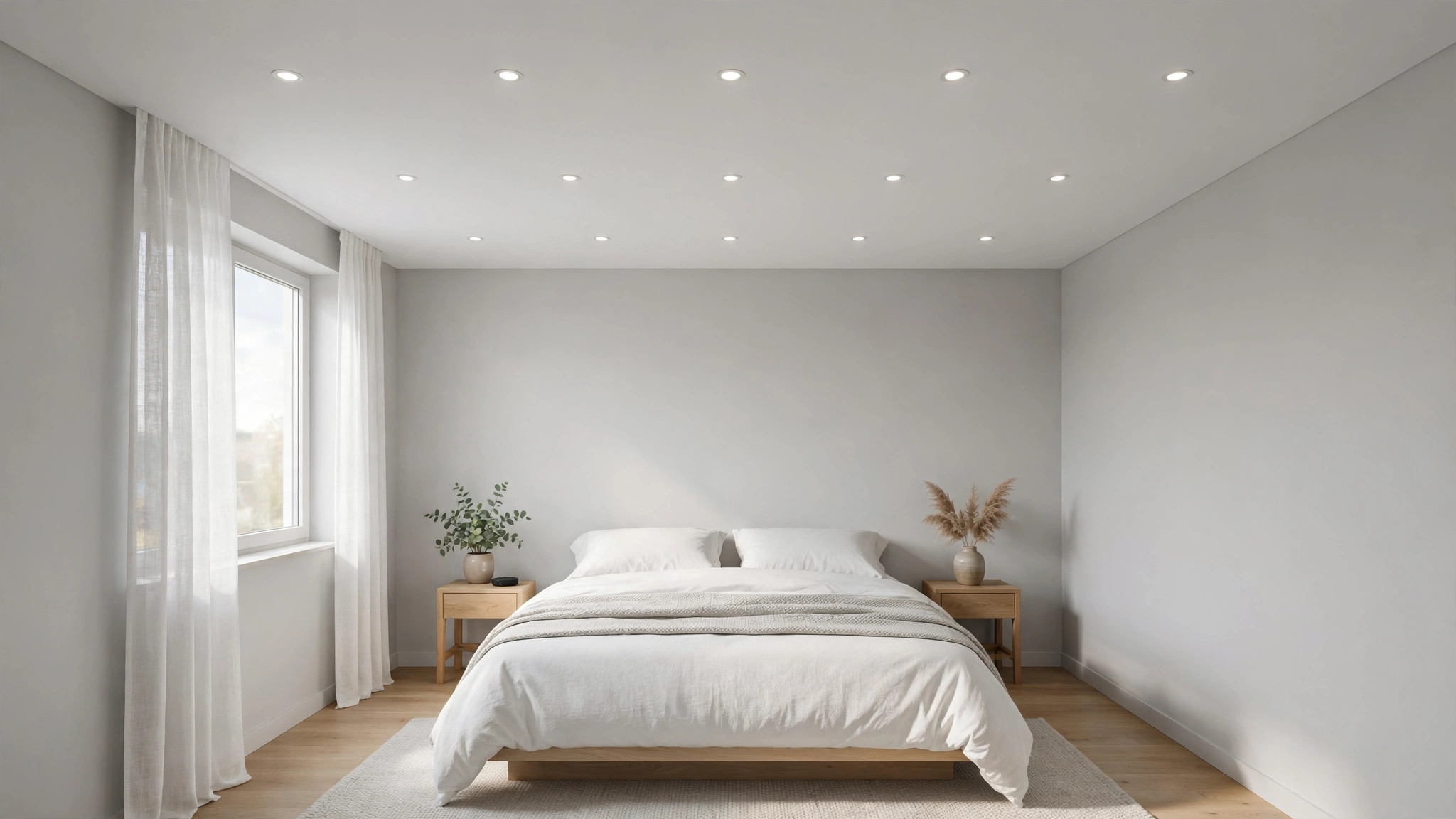 Minimal modern bedroom with a flat false ceiling and recessed spotlights
