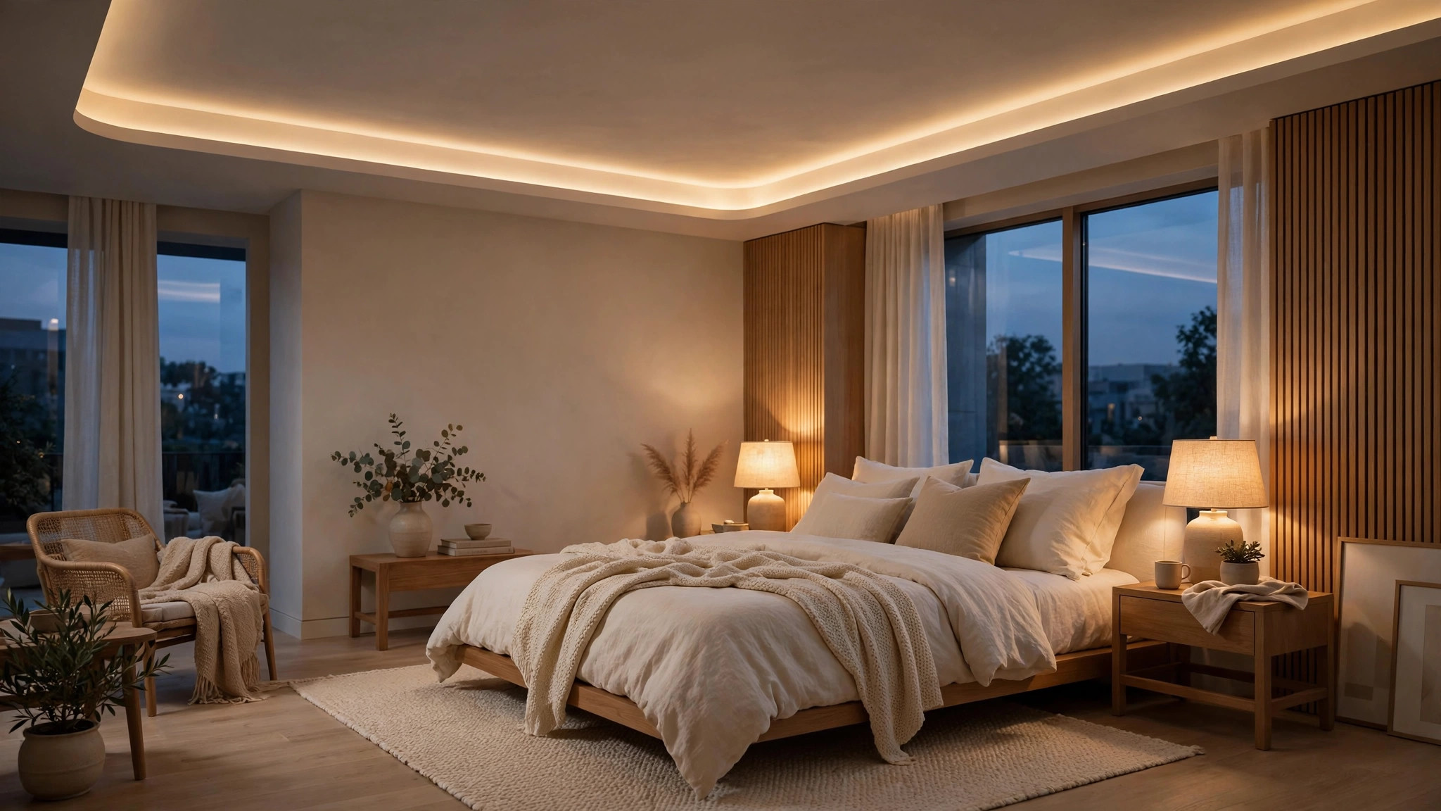 Modern bedroom with a warm white ceiling and soft 3000K lighting at dusk