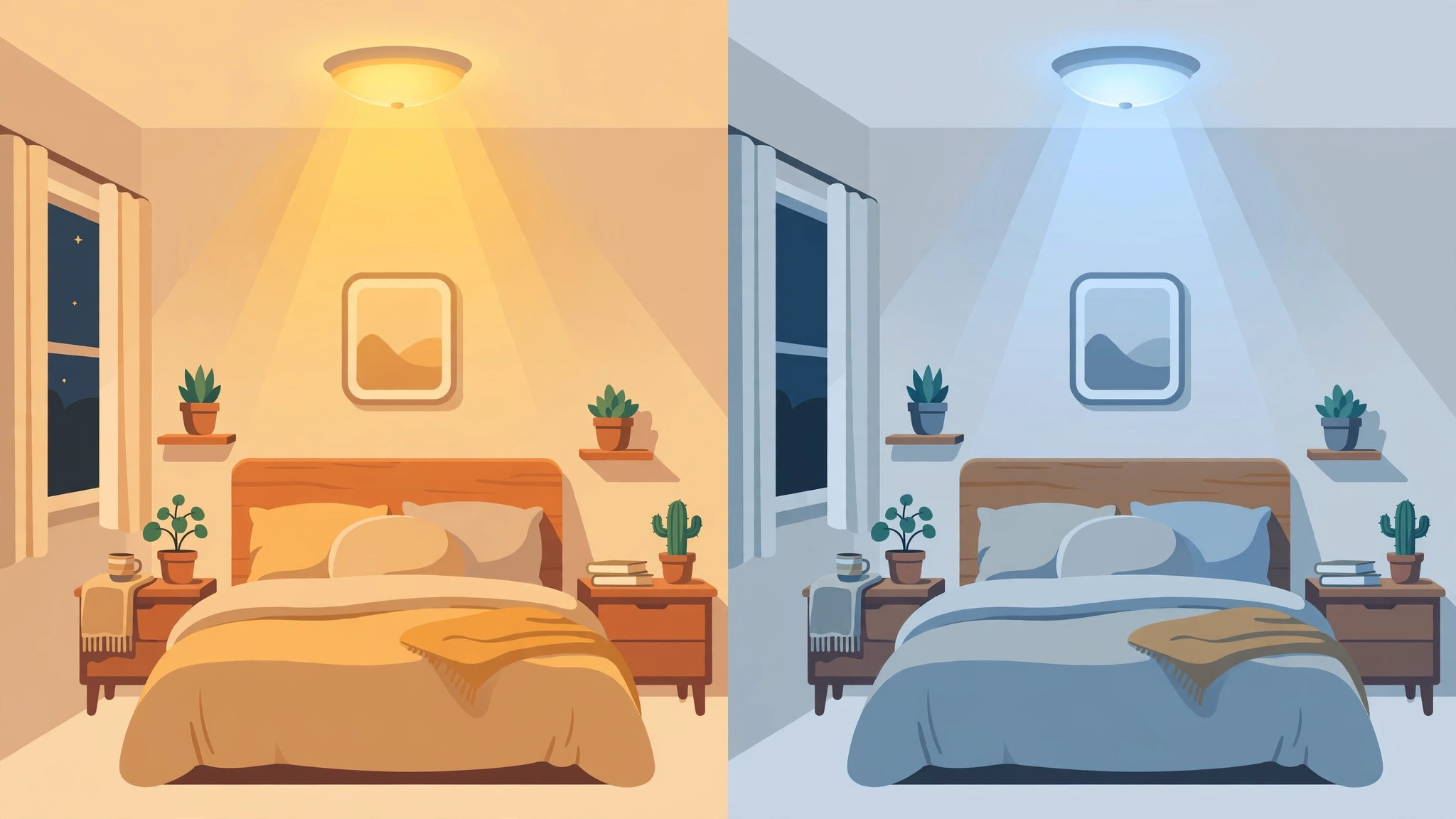Diagram comparing warm 3000K and cool 6000K ceiling light in a bedroom