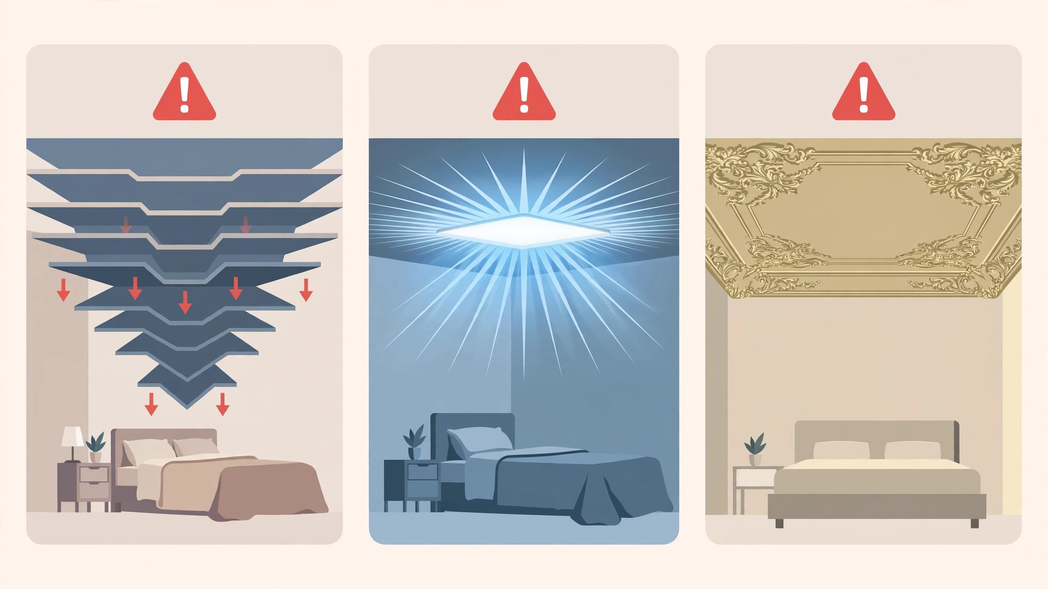 Diagram illustrating common modern bedroom ceiling mistakes to avoid