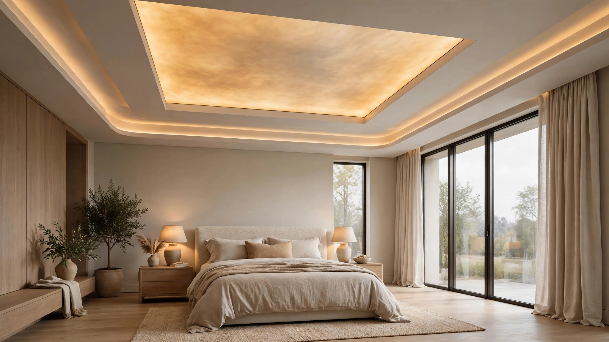 Spacious master bedroom with a large backlit ceiling panel and layered lighting