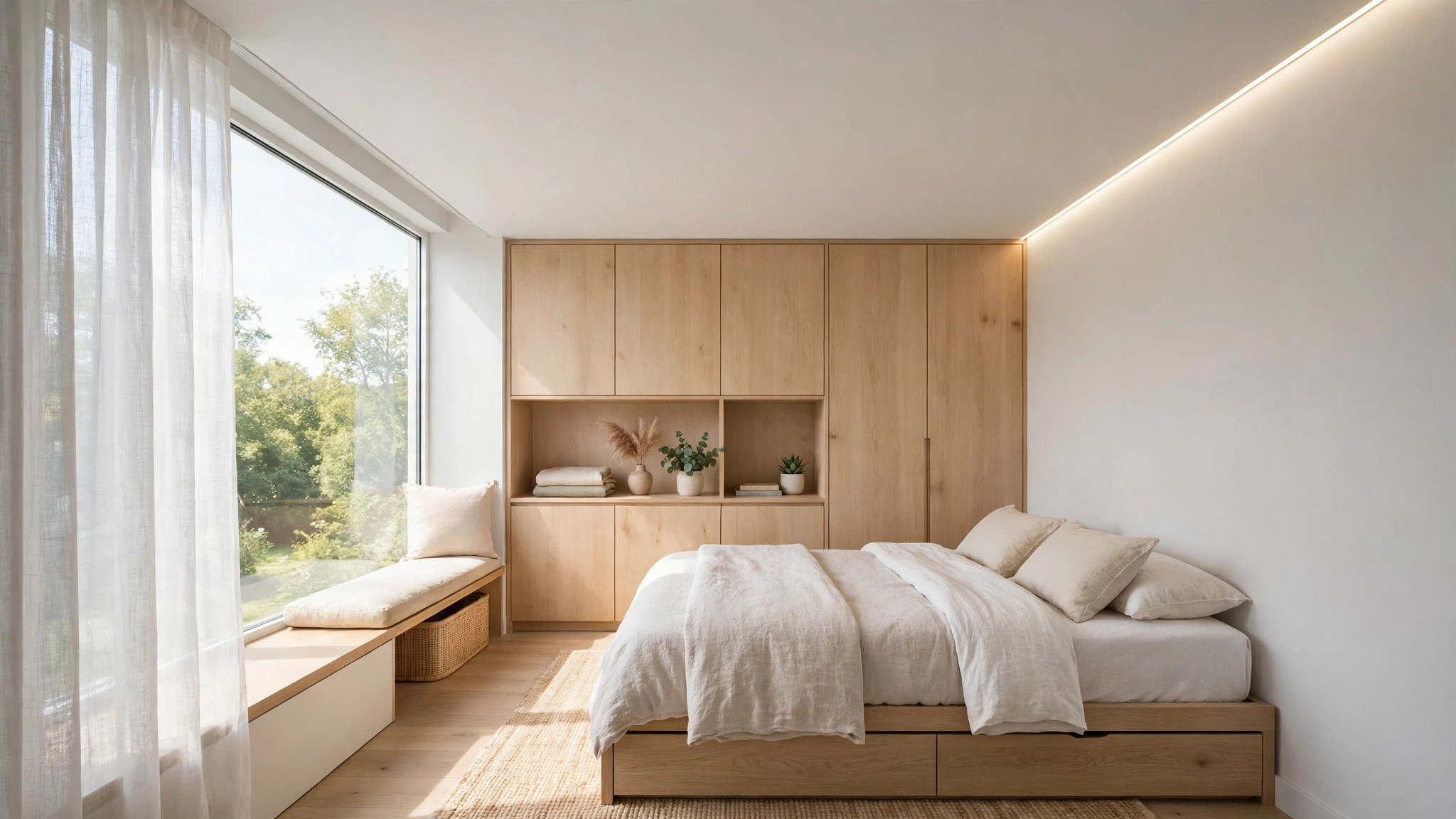 Compact modern bedroom with a minimal ceiling and a single cove strip