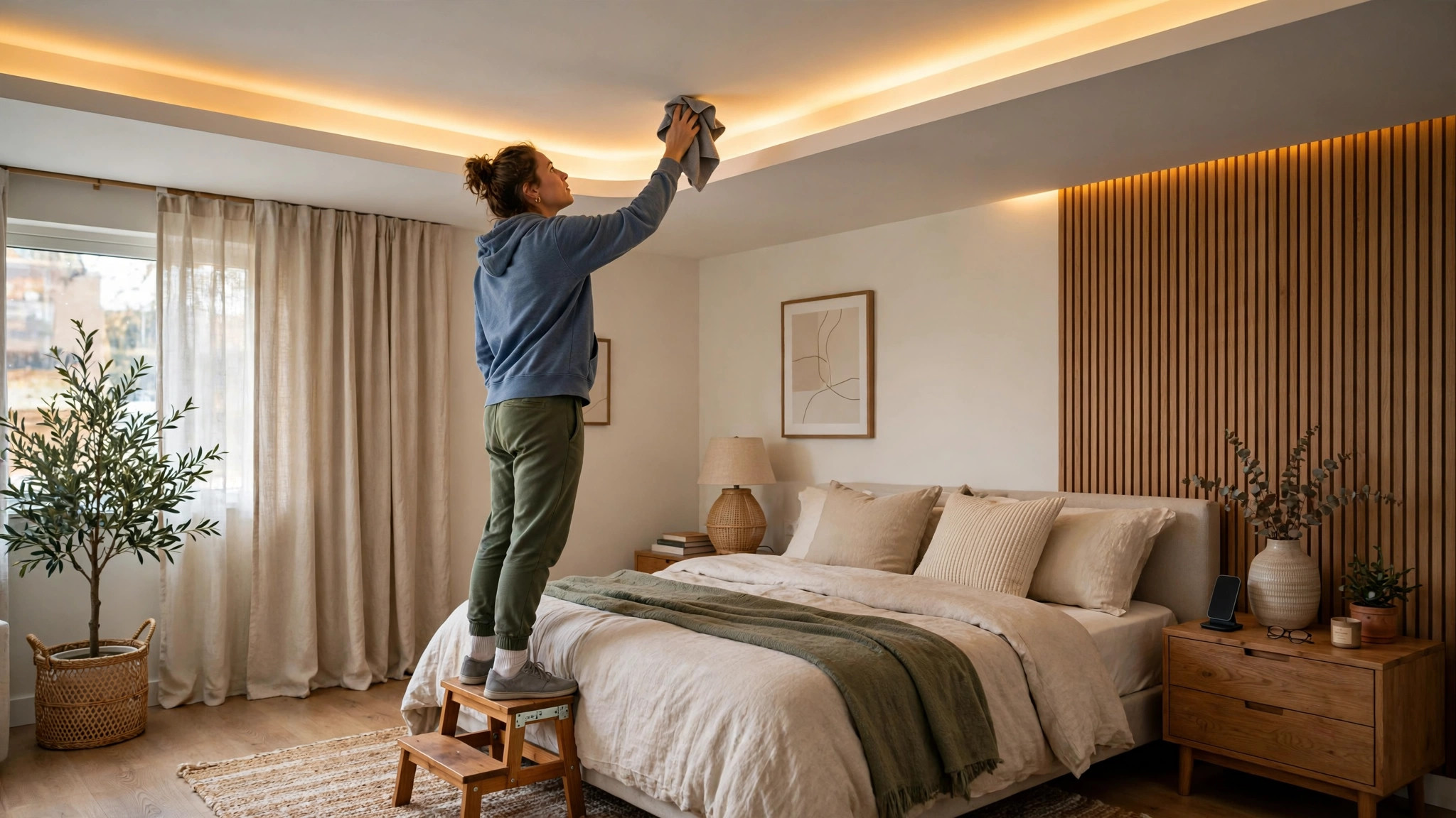 Person dusting a cove lighting channel in a modern bedroom