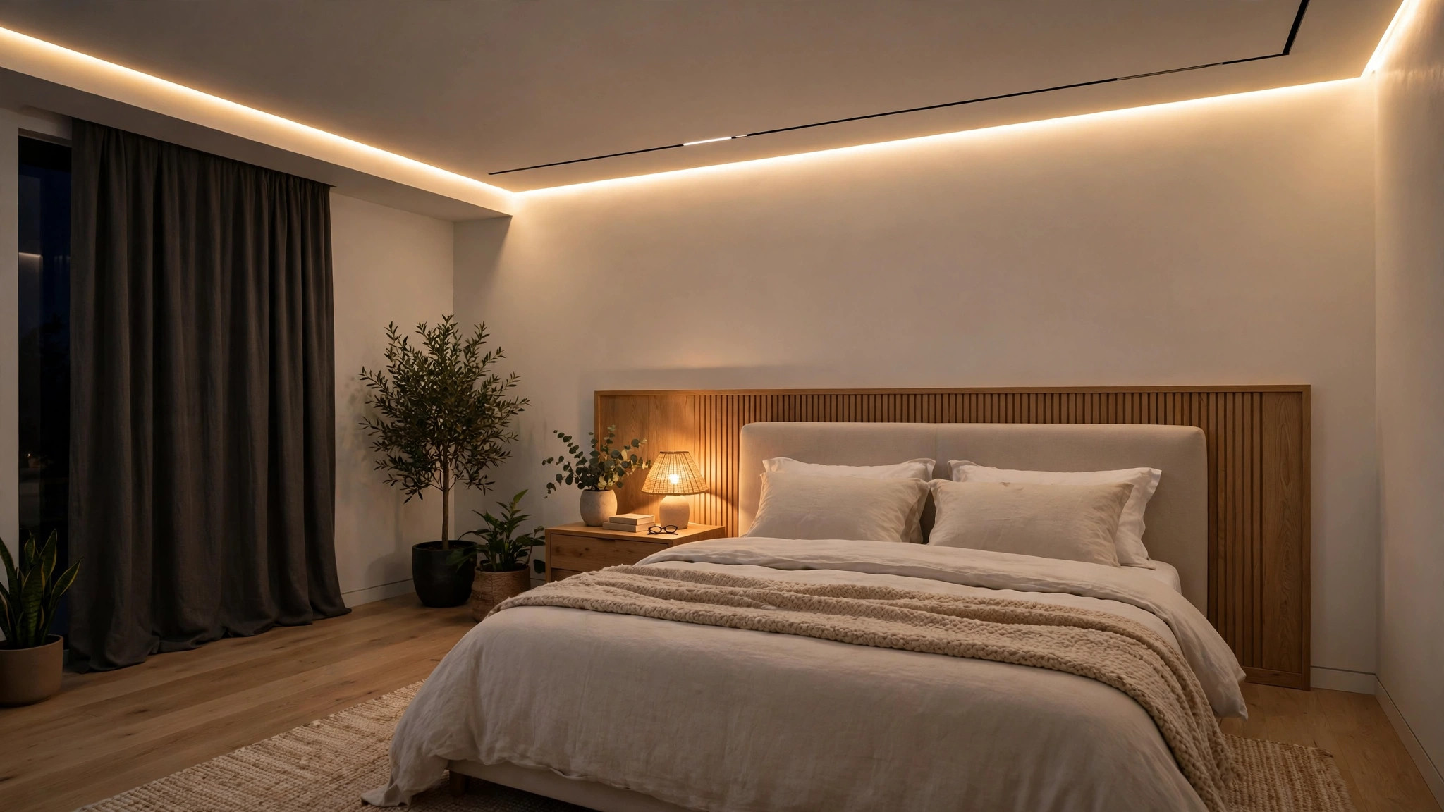Calm modern bedroom at night with a softly glowing ceiling border