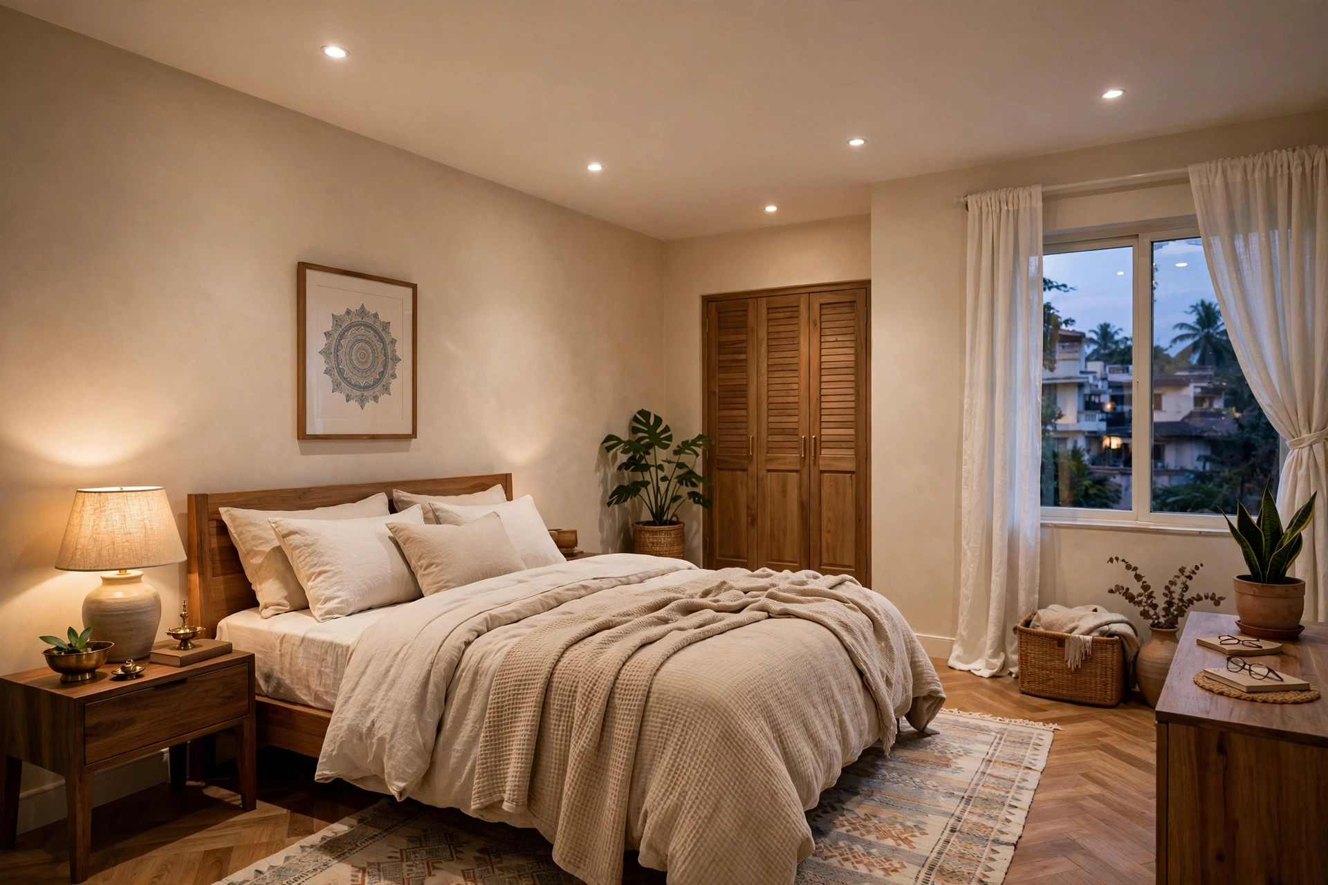 Bedroom with a simple flat single-level false ceiling and warm recessed lights
