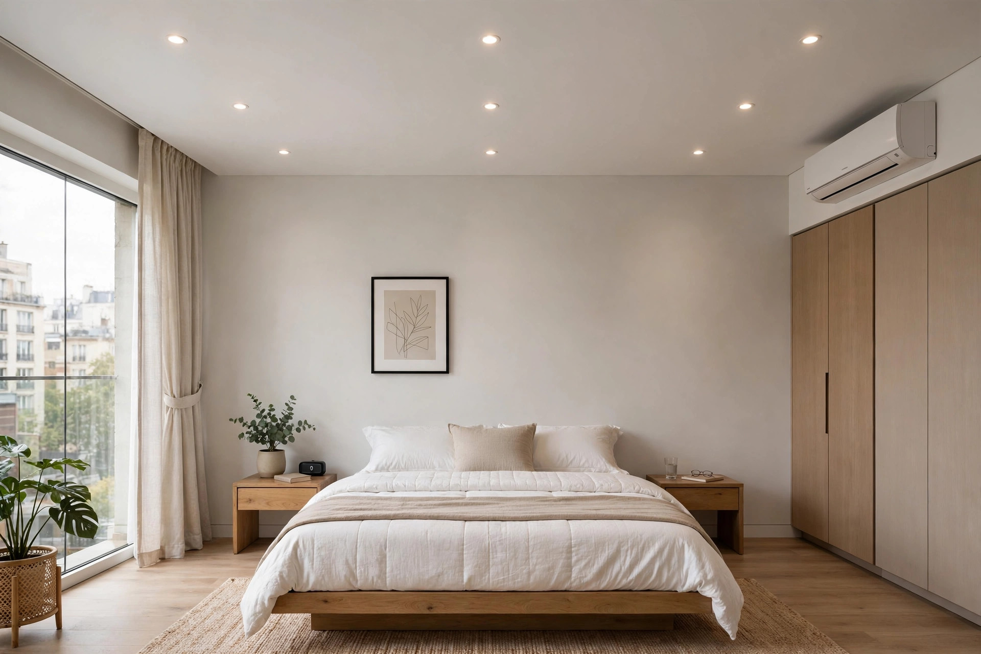 Bedroom with a flat single-level POP false ceiling and recessed downlights