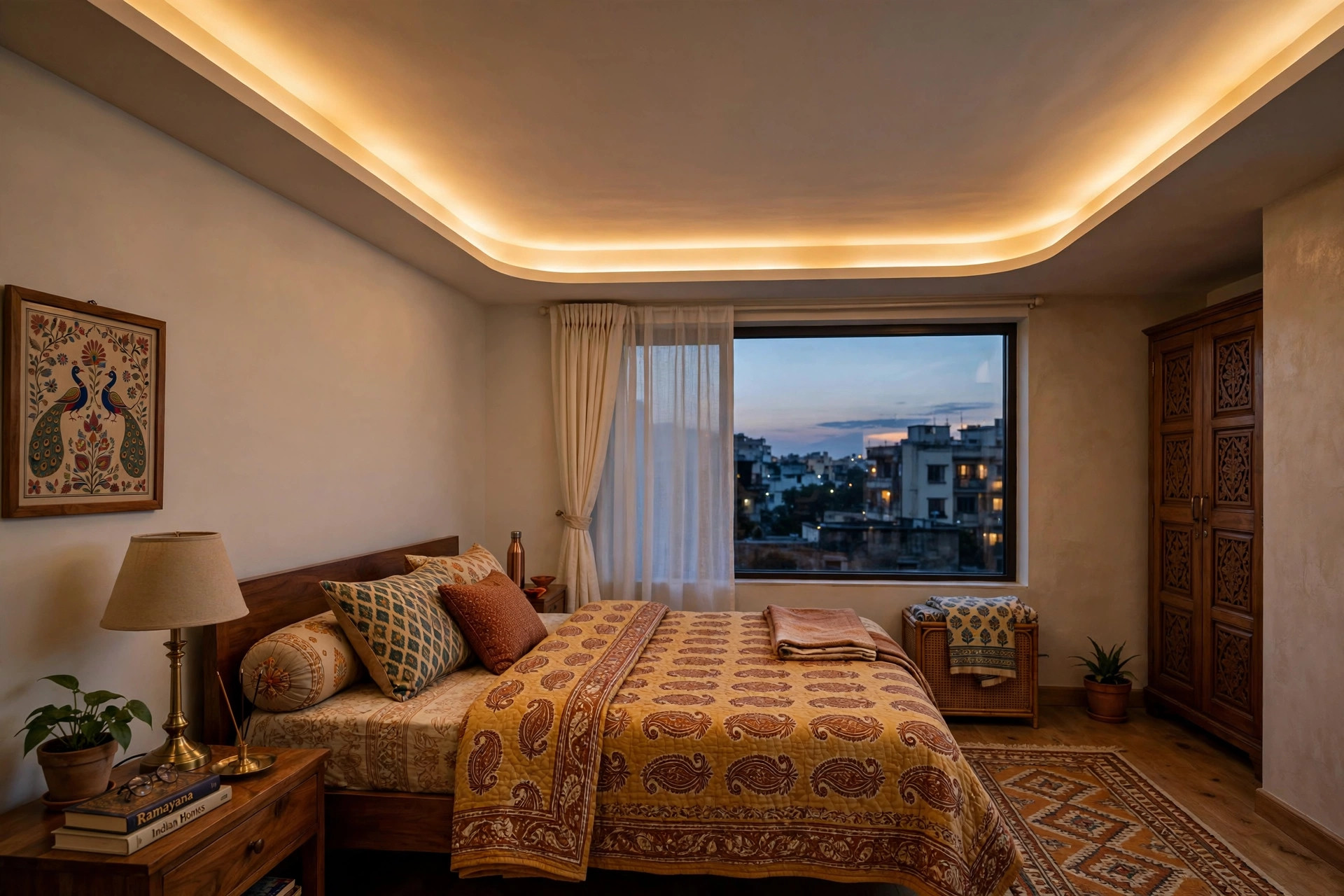 Bedroom with a single cove POP ceiling and warm LED strip lighting
