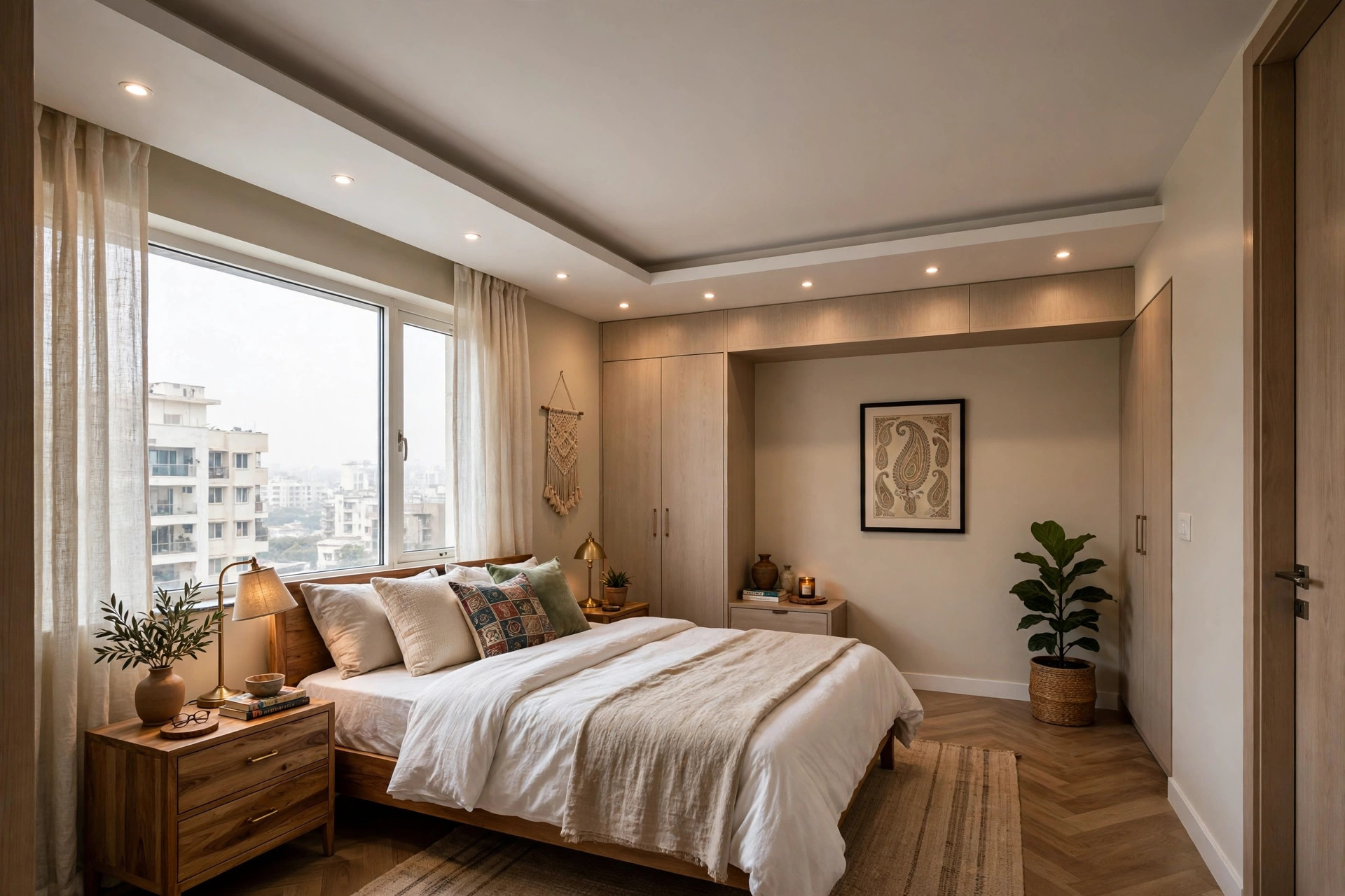 Bedroom with an L-shaped POP false ceiling along two walls