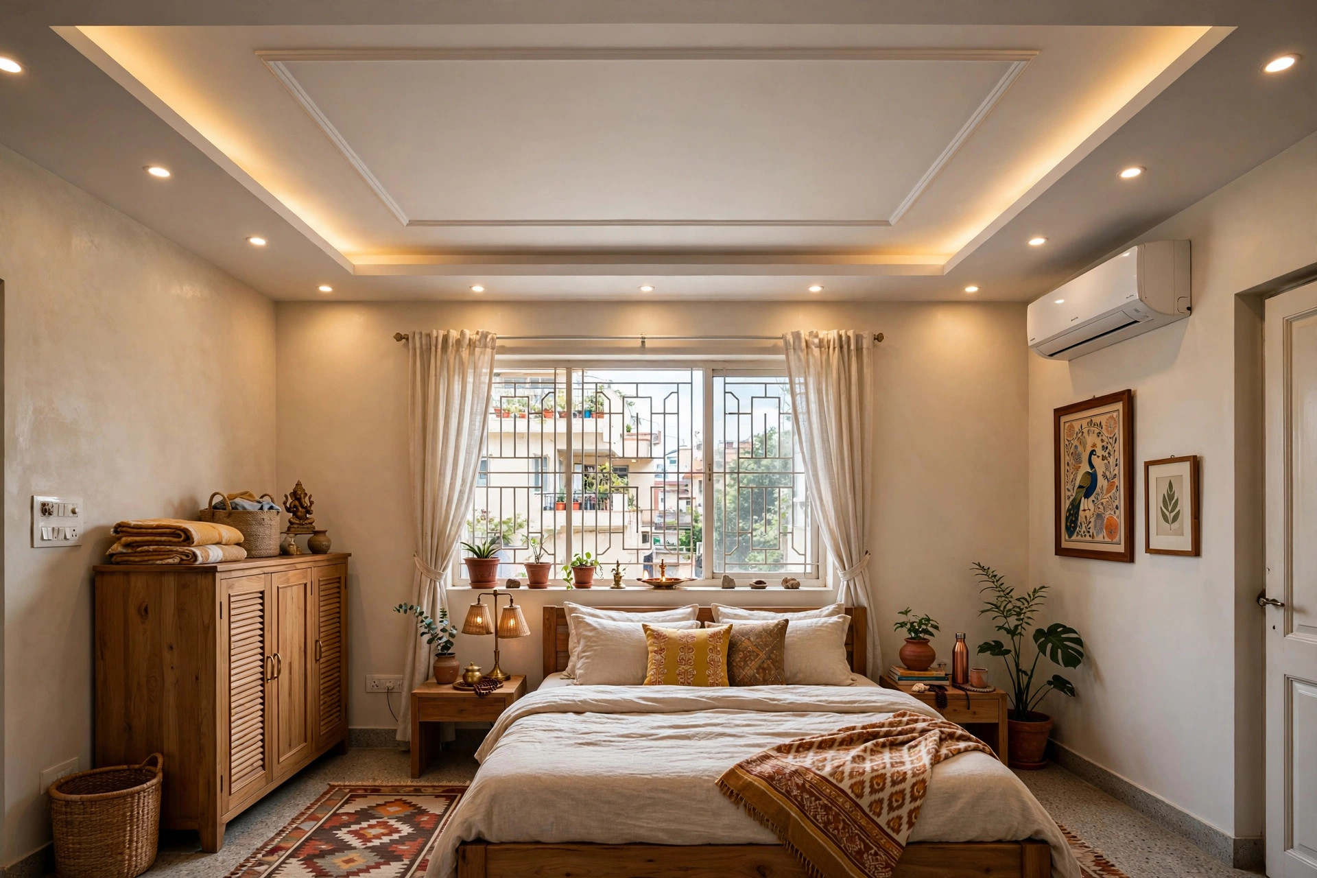 Bedroom with a rectangular tray minus POP ceiling and downlights
