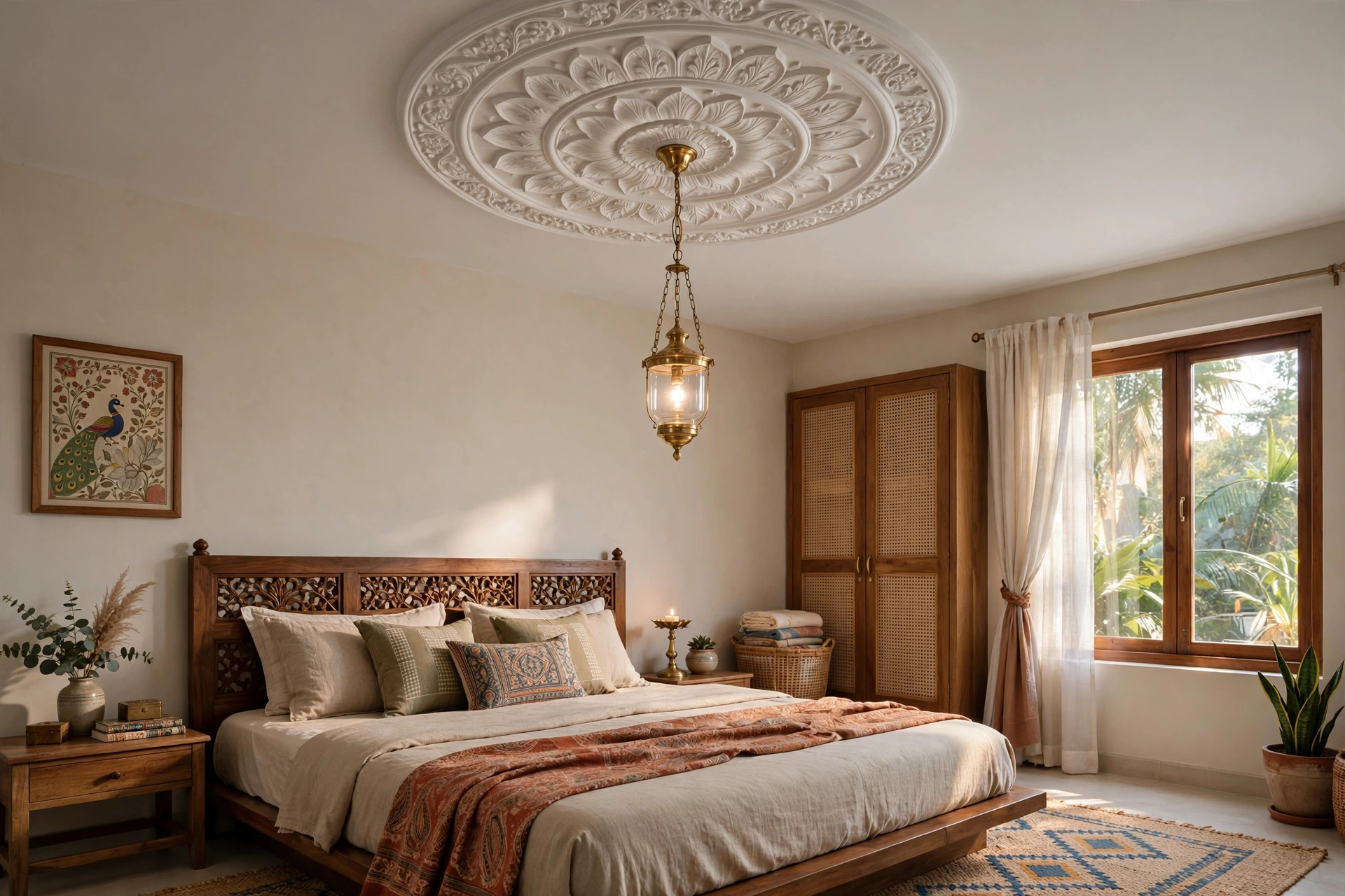 Master bedroom with a circular POP medallion and pendant light