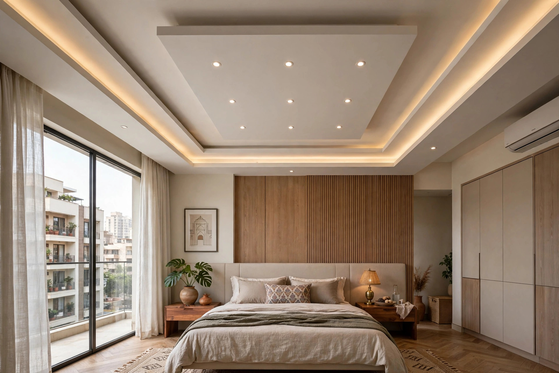 Bedroom with a plus-minus stepped POP false ceiling