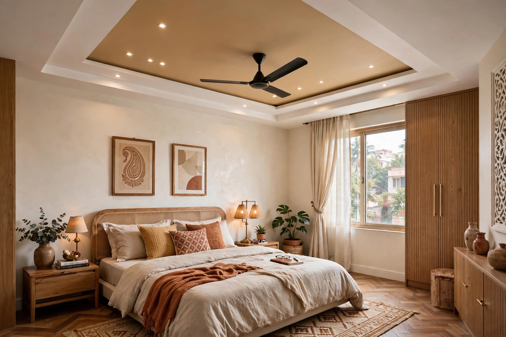 Bedroom with a two-tone POP ceiling in warm beige and white