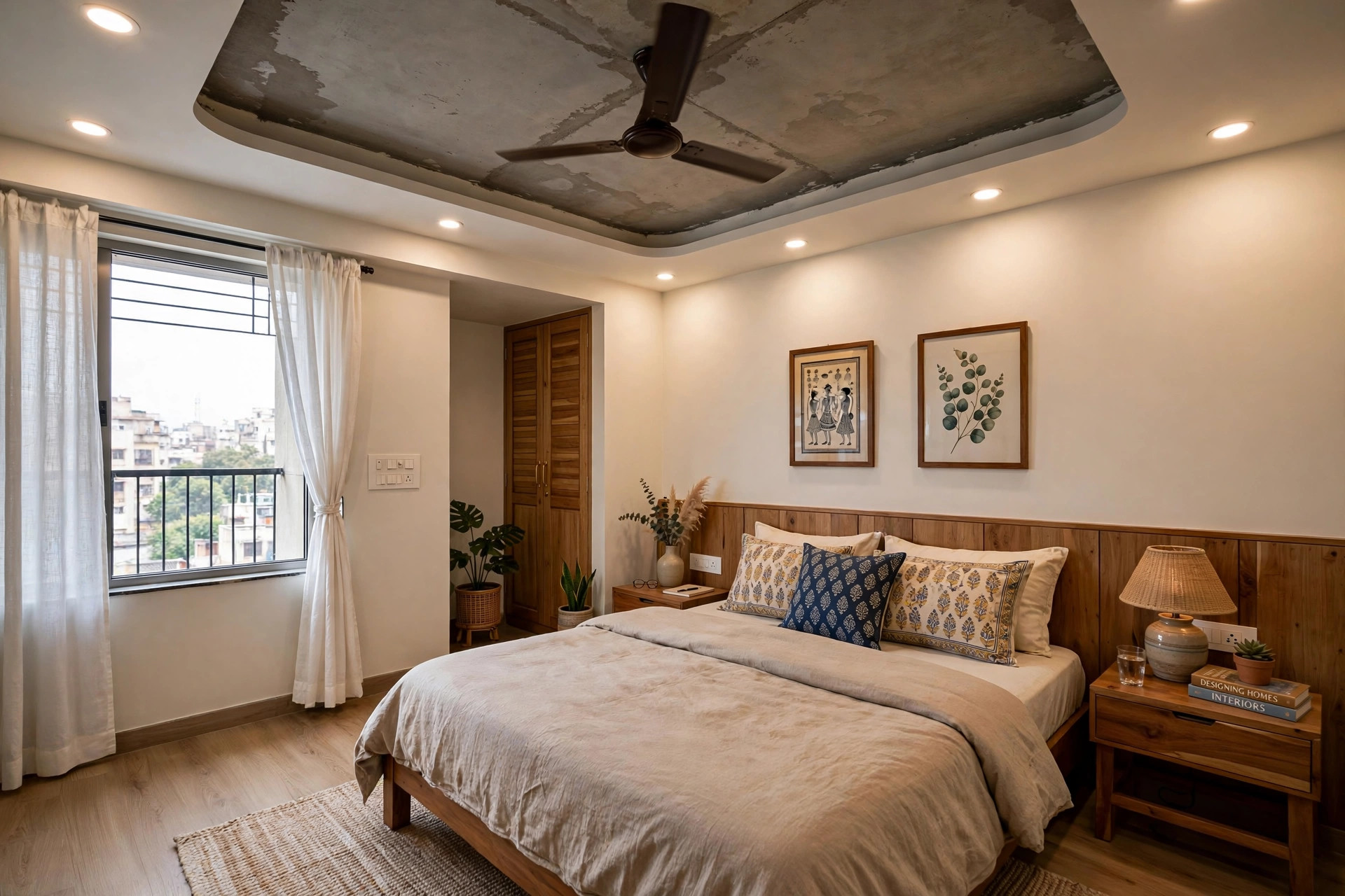 Bedroom with a peripheral POP border and painted exposed centre