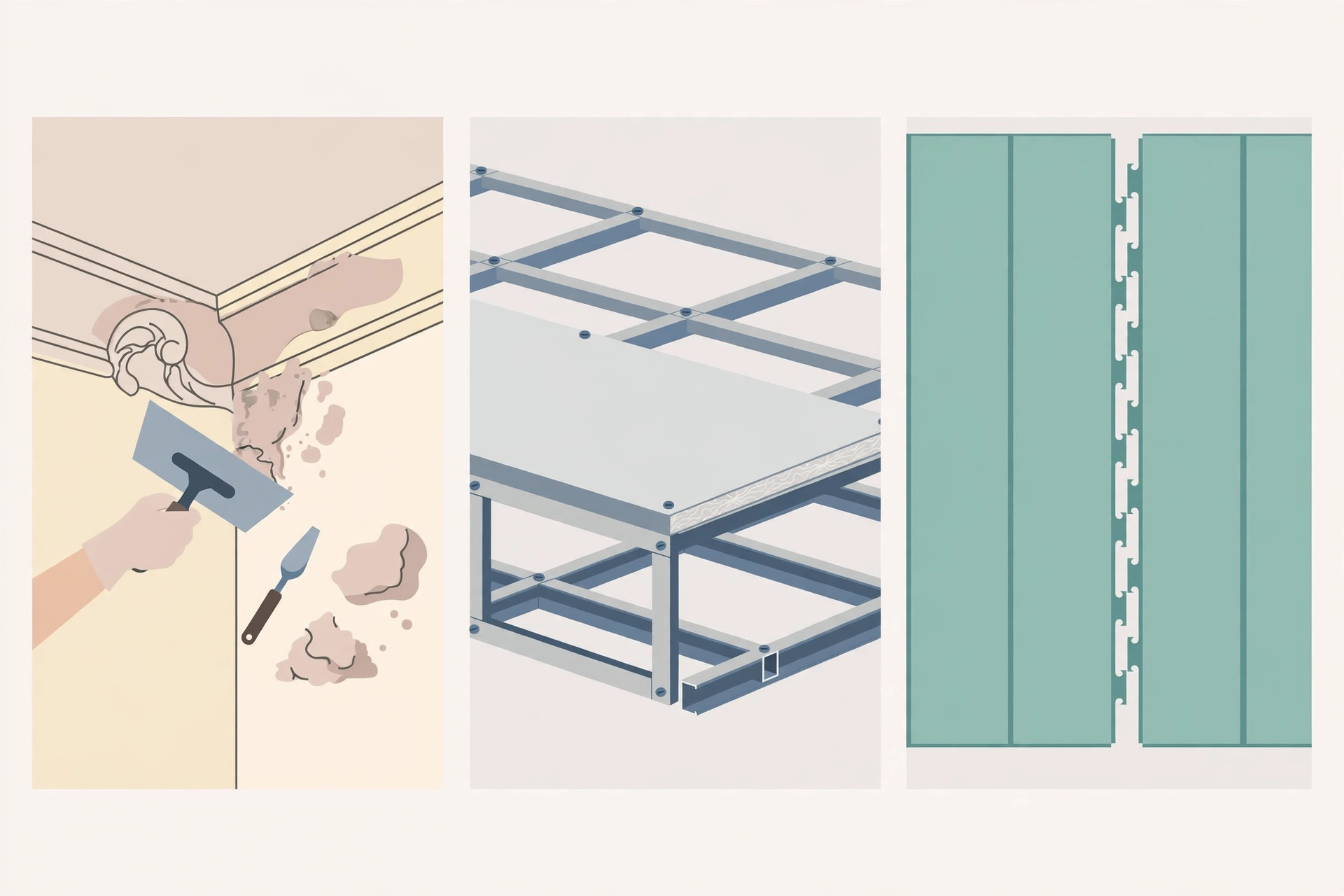 Illustration comparing POP, gypsum and PVC ceiling materials