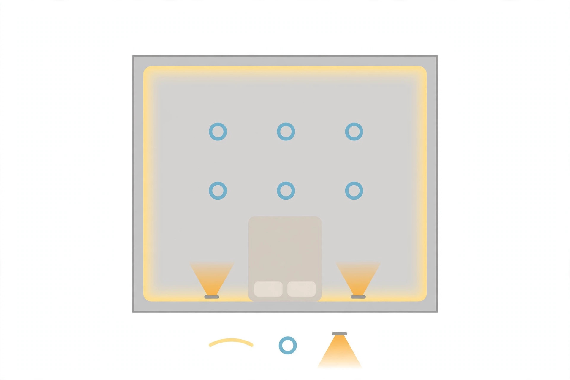 Diagram of a bedroom ceiling lighting plan with cove, downlights and reading lights